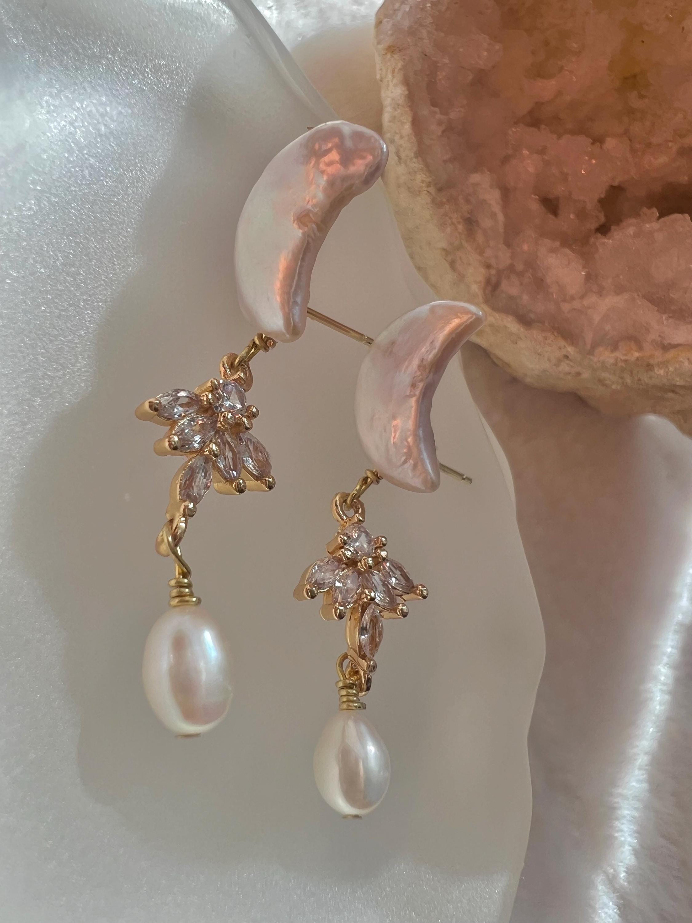 Victoria style elegant freshwater baroque moon pearl dangle earring. Space earring