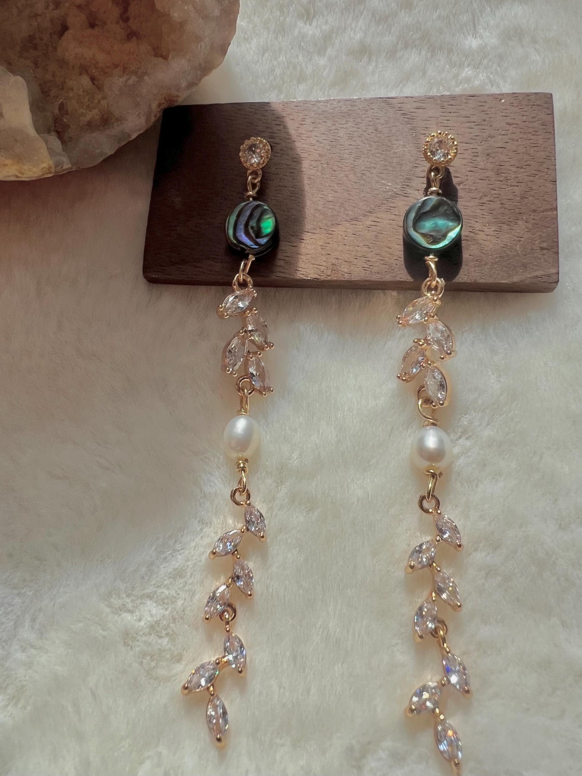 Freshwater pearl Art deco deco long crystal earrings. Diamond clip on earrings. Abalone shell earrings.
