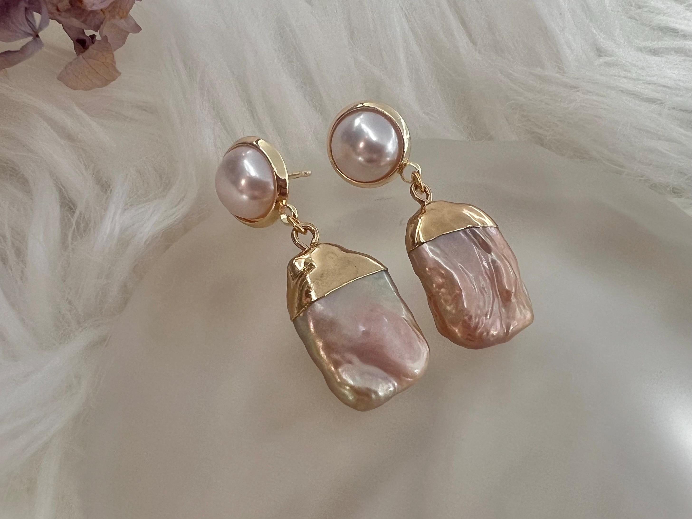 France style freshwater baroque big coin pearl earrings. Elegant dangle earrings. Double pearl earring. dainty. Delicate earring