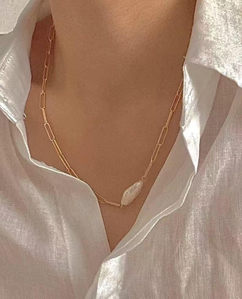 Keshi Baroque Biwa Pearl set. Minimalist dainty stackable chain solitaire necklace/bracelet. wedding set.
