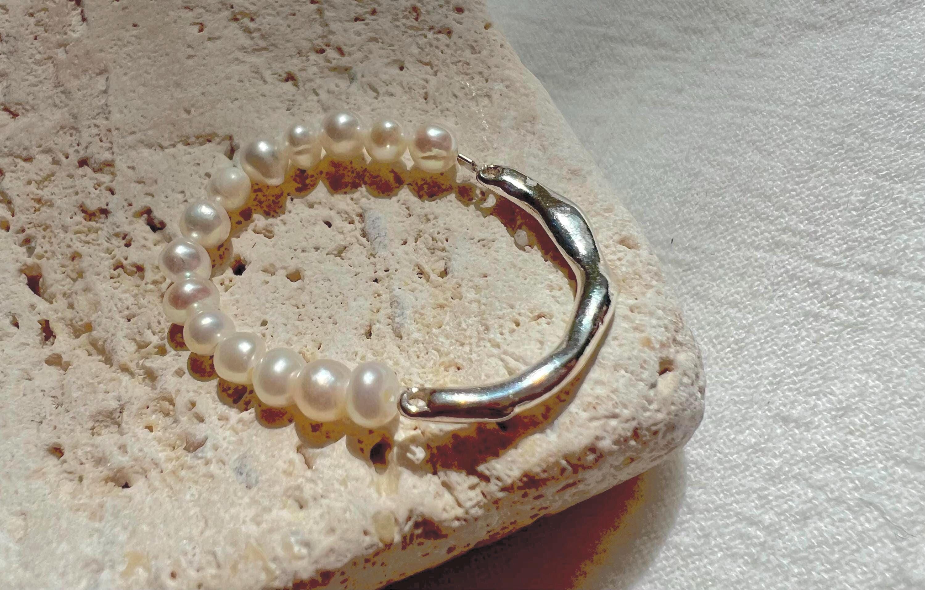 Half freshwater pearls sterling silver beads ring. Minimalist ring. Beaded pearl ring. Multiple ways ring. Wedding ring.