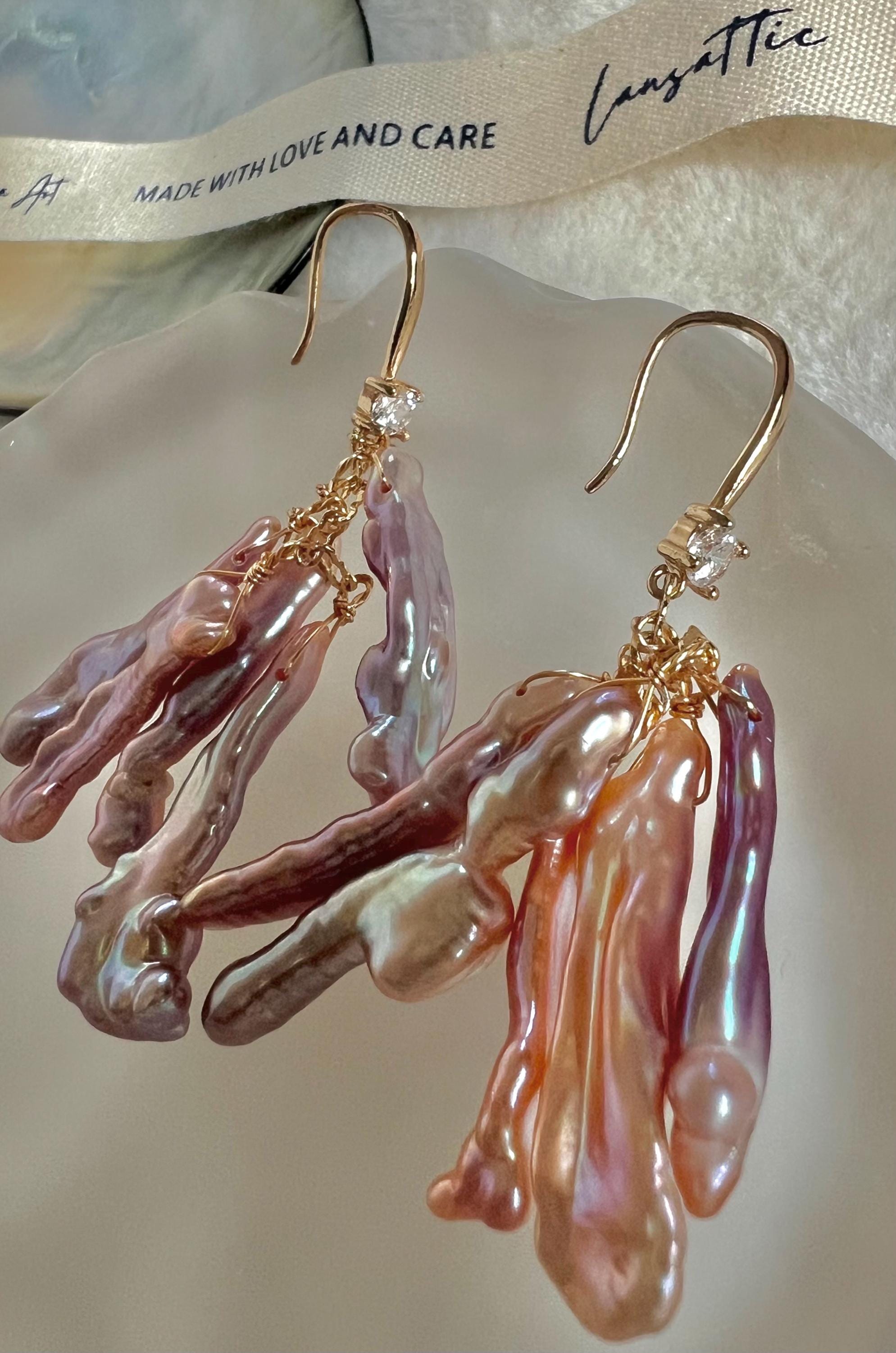 Purple baroque freshwater multiple-pearl dangle earrings. Chandelier pearl earrings. Boho pearl earrings. Gift for her.