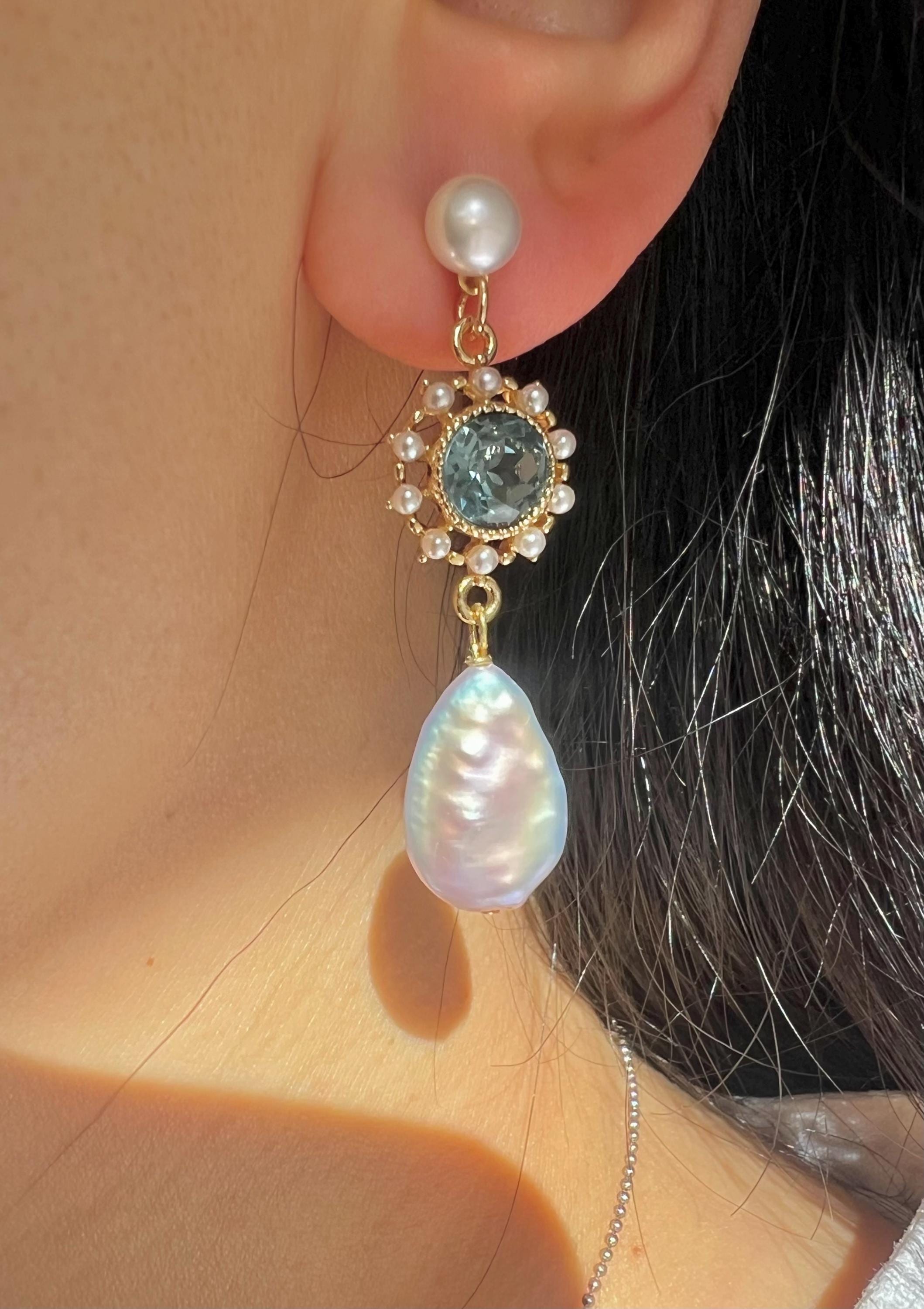 Art Deco freshwater pearl earrings. Elegant sapphire earrings. Chic clip-on earring. Vintage no pain earrings.