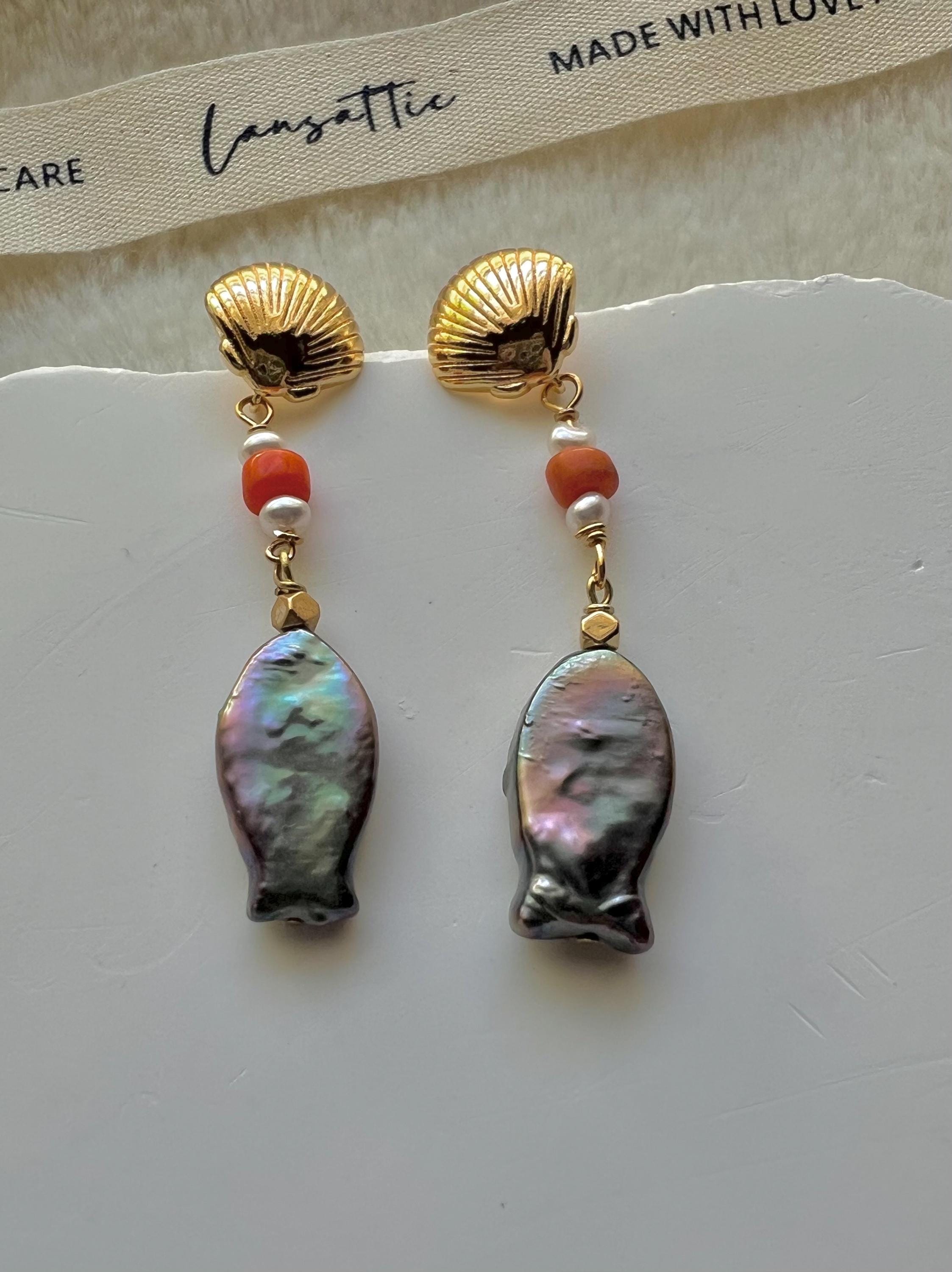 Fish freshwater baroque Pearl coral dangle Earrings. Peacock pearls colorful Earrings. Candy Earrings. Shell stud earrings