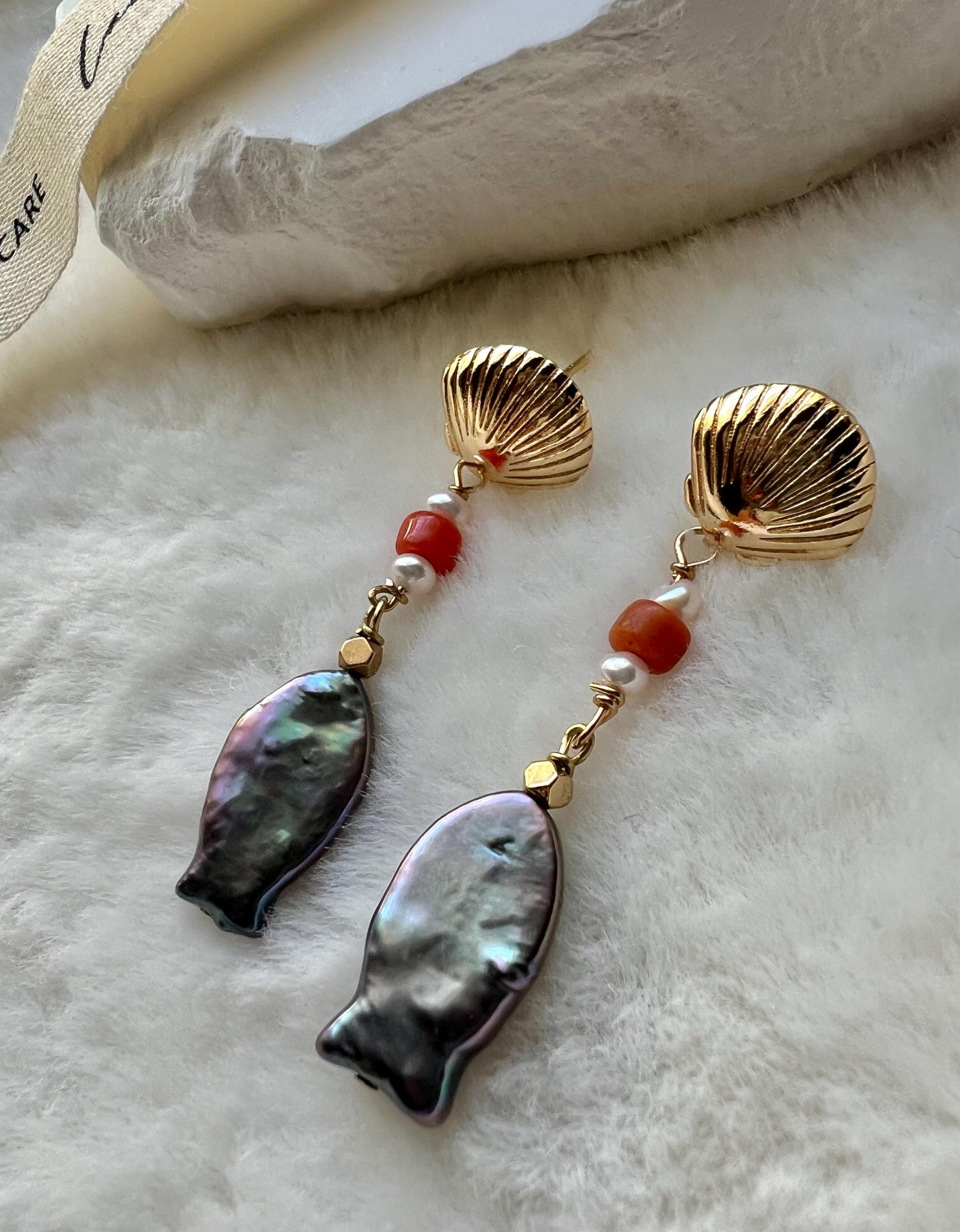 Fish freshwater baroque Pearl coral dangle Earrings. Peacock pearls colorful Earrings. Candy Earrings. Shell stud earrings