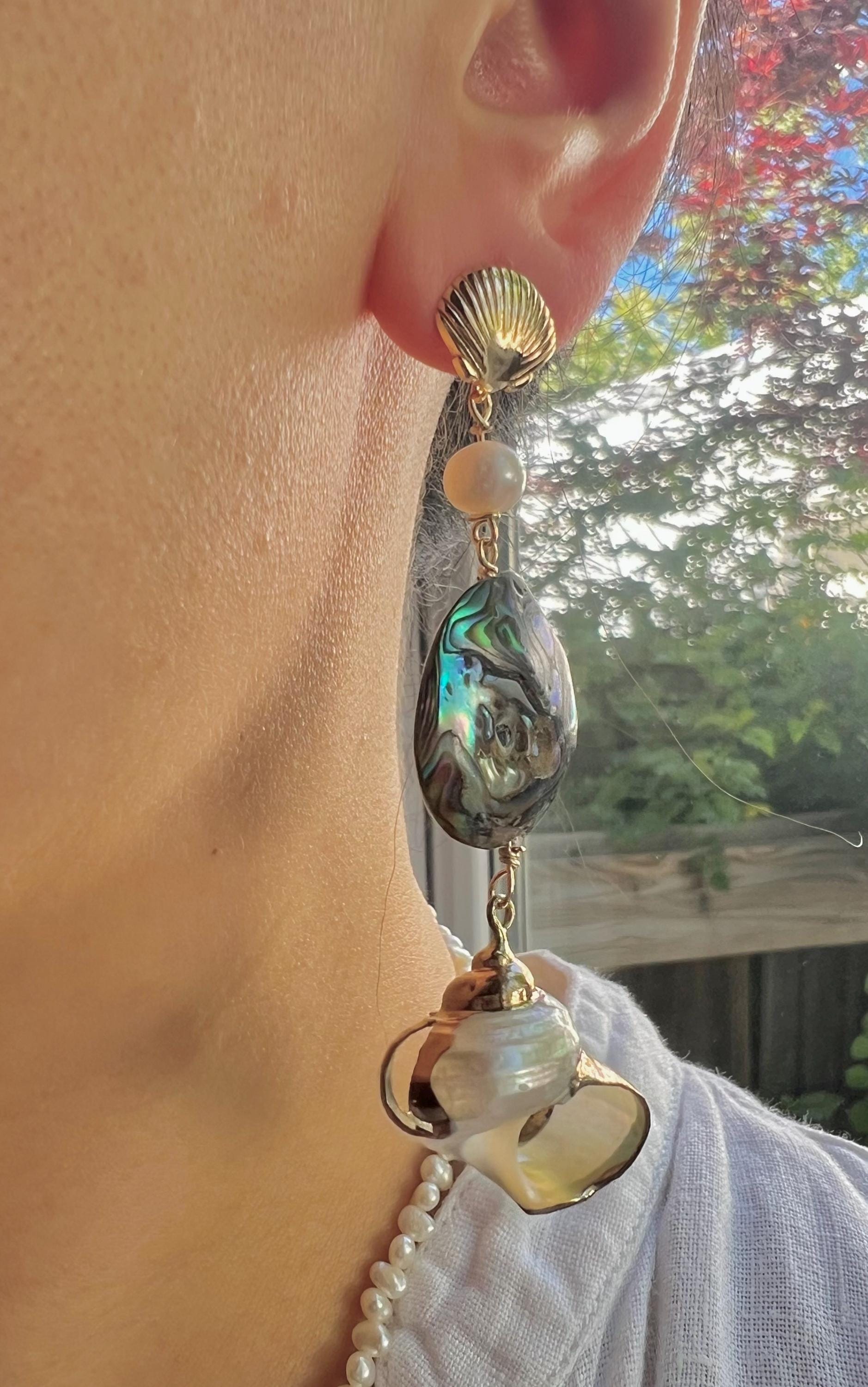 High quality luster Freshwater pearl dangle sea abalone shell earrings, Beach earrings, coastal pearl earrings.