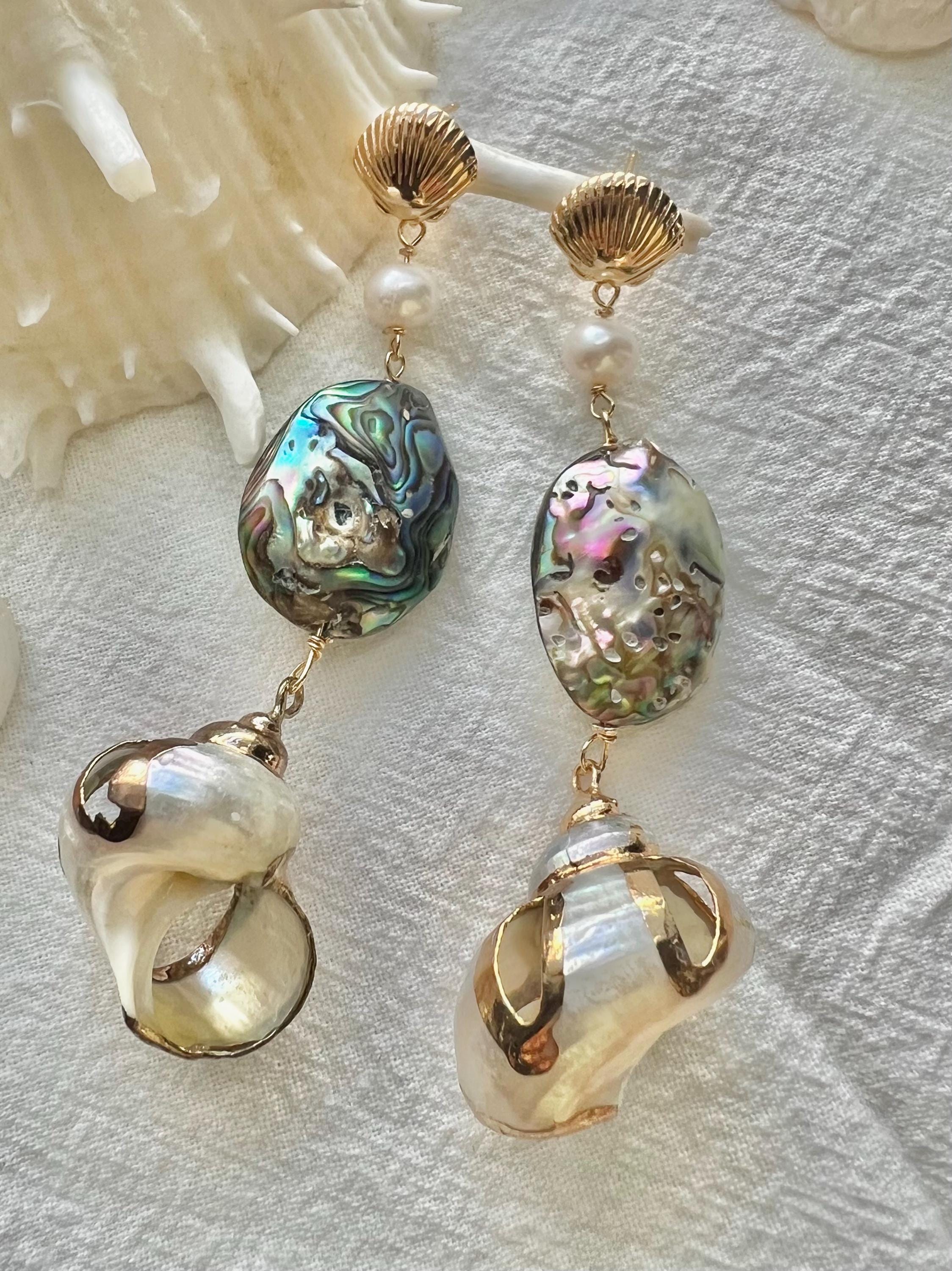 High quality luster Freshwater pearl dangle sea abalone shell earrings, Beach earrings, coastal pearl earrings.