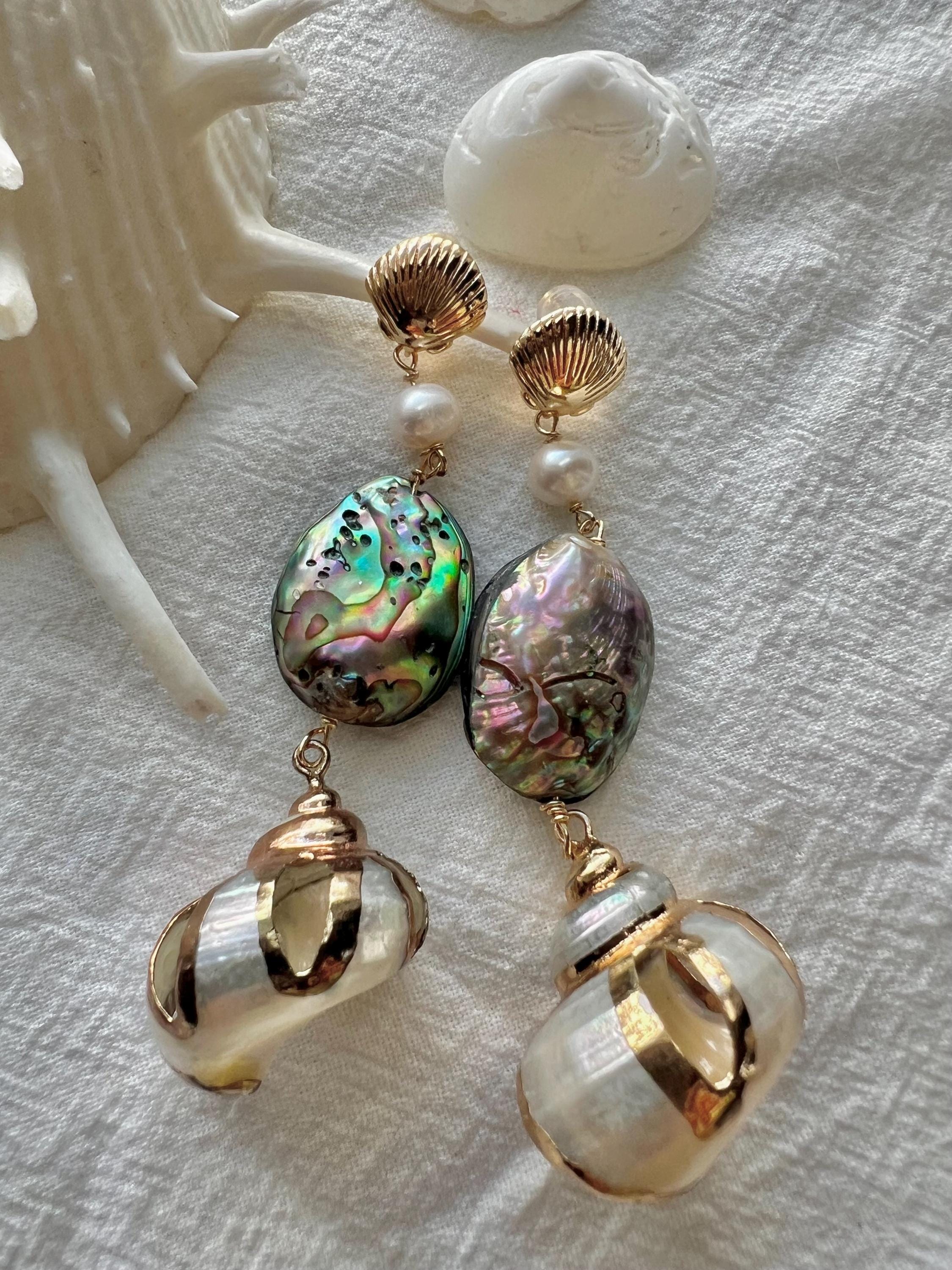 High quality luster Freshwater pearl dangle sea abalone shell earrings, Beach earrings, coastal pearl earrings.