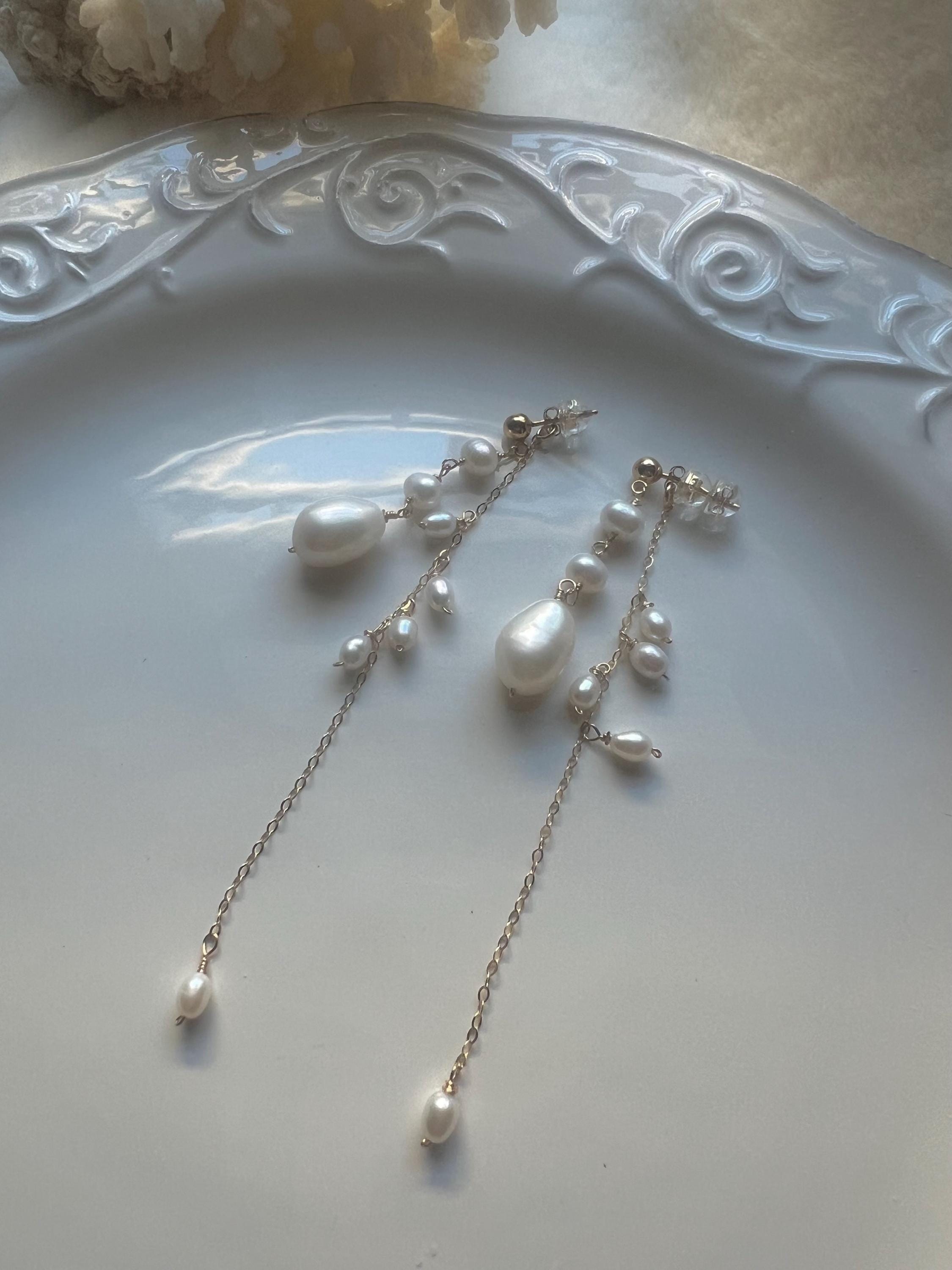 Freshwater baroque pearl clip on earring. No pain earring. Bridal pearl earring. Pearl double dangle earrings. No piercing.