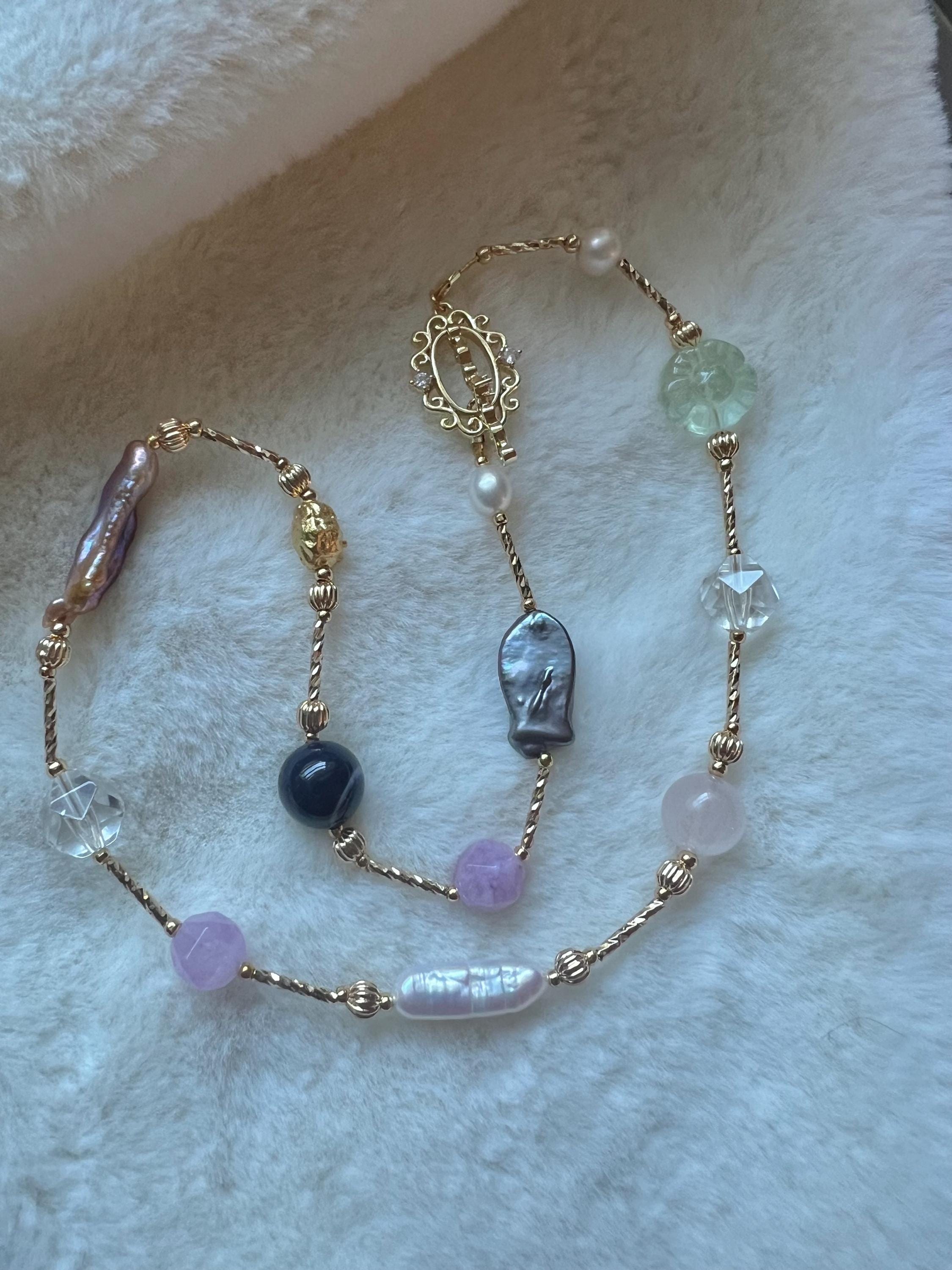 18K gold baroque pearl gemstone multicolored necklace. Candy statement necklace. Designed necklace. Adorable necklace.