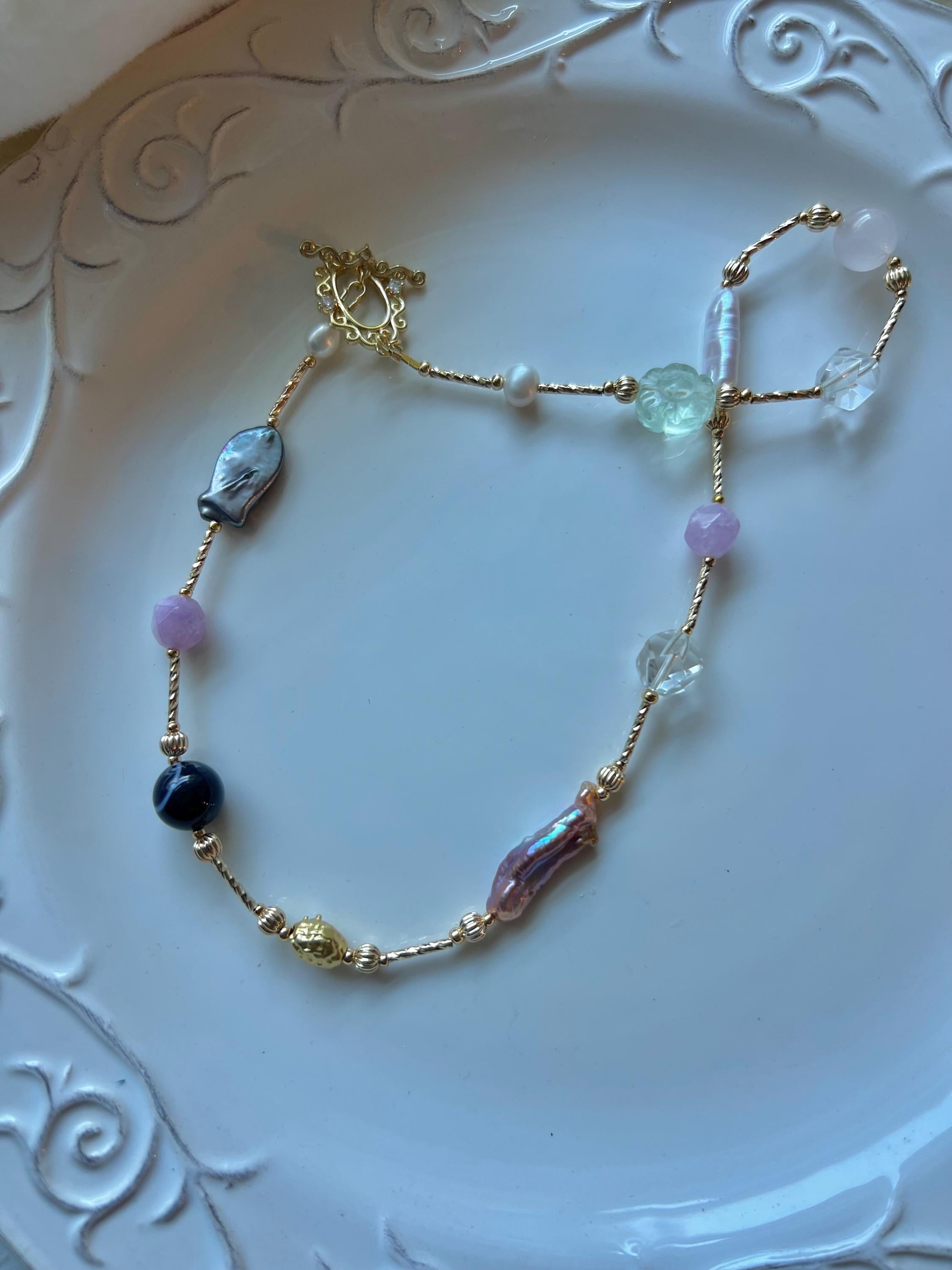 18K gold baroque pearl gemstone multicolored necklace. Candy statement necklace. Designed necklace. Adorable necklace.