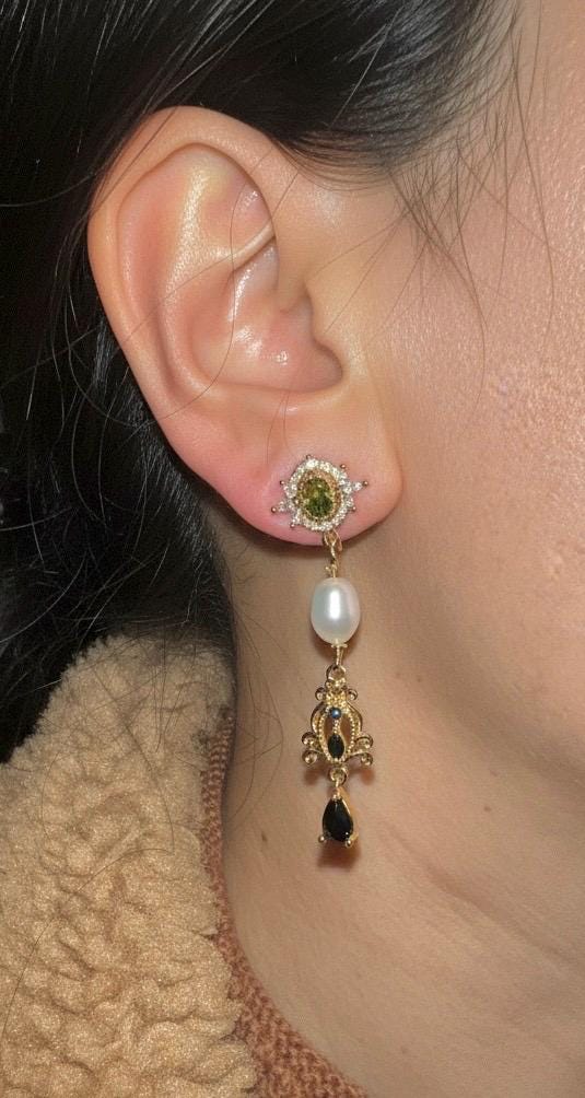 Vintage Pearl Drop clip on Earrings, Freshwater Pearl & Green Gemstone Gold Dangle clip on Earrings, Romantic Victorian Style Jewelry