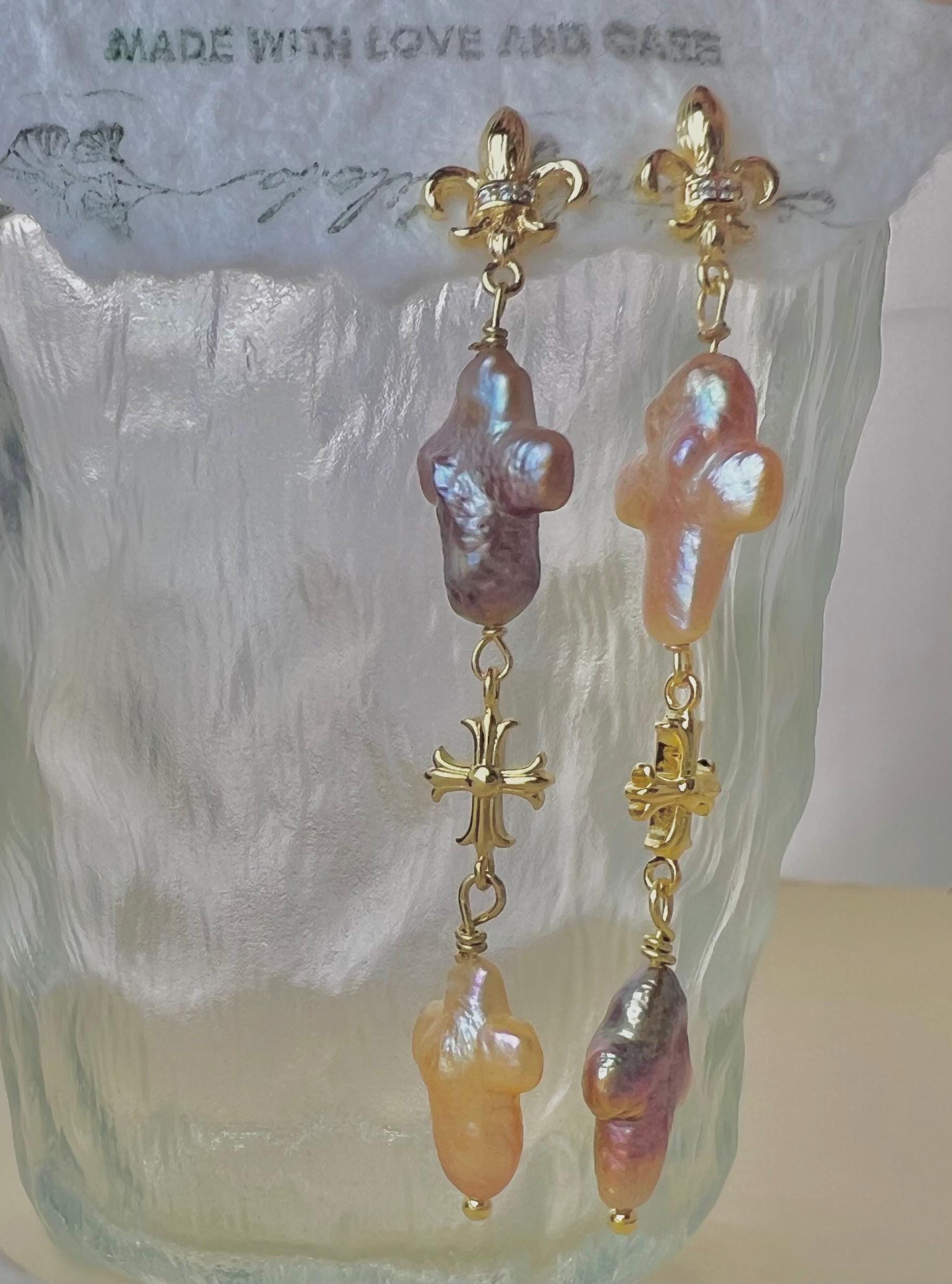 Baroque Pearl Cross Earrings, Fleur De Lis Dangle Earrings, Renaissance Style Gold Jewelry, Iridescent Multi-Color Freshwater Pearls.