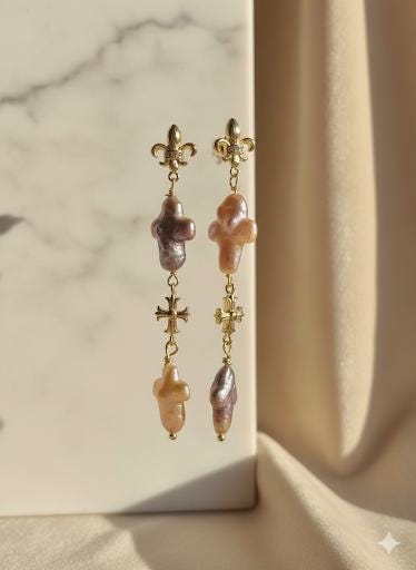 Baroque Pearl Cross Earrings, Fleur De Lis Dangle Earrings, Renaissance Style Gold Jewelry, Iridescent Multi-Color Freshwater Pearls.