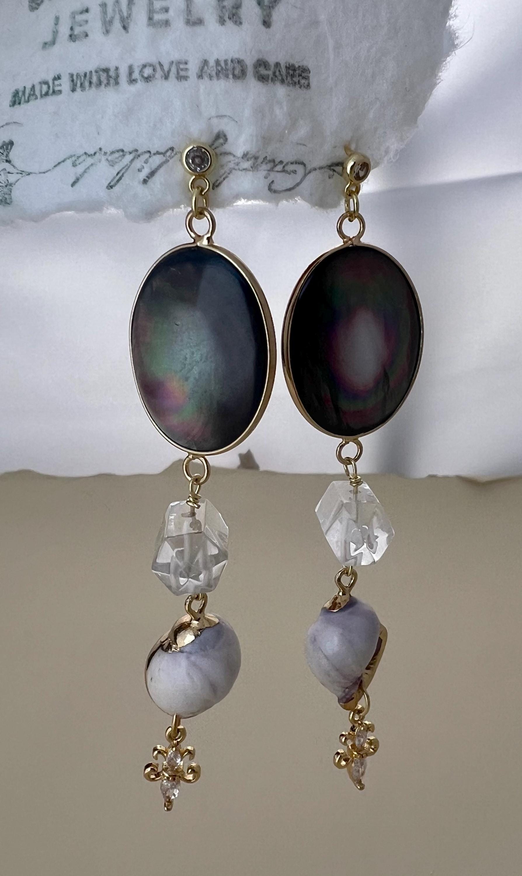 Black Lip Shell & Herkimer Diamond Earrings, Iridescent Mother of Pearl Drops, Raw Clear Quartz Crystal Dangles, Boho Beach Wedding Jewelry.
