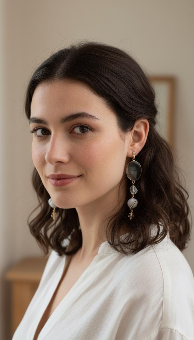 Black Lip Shell & Herkimer Diamond Earrings, Iridescent Mother of Pearl Drops, Raw Clear Quartz Crystal Dangles, Boho Beach Wedding Jewelry.