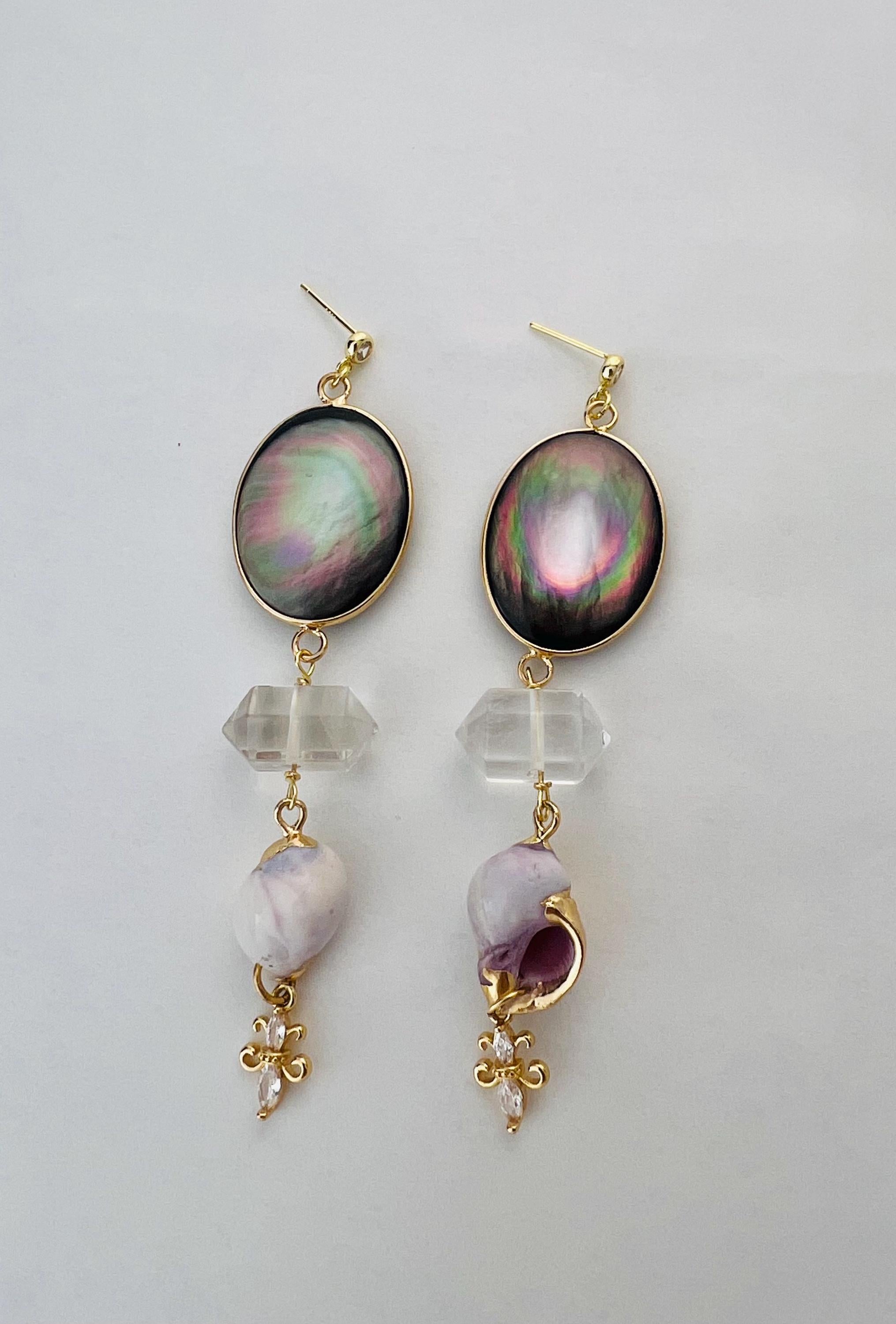 Black Lip Shell & Herkimer Diamond Earrings, Iridescent Mother of Pearl Drops, Raw Clear Quartz Crystal Dangles, Boho Beach Wedding Jewelry.