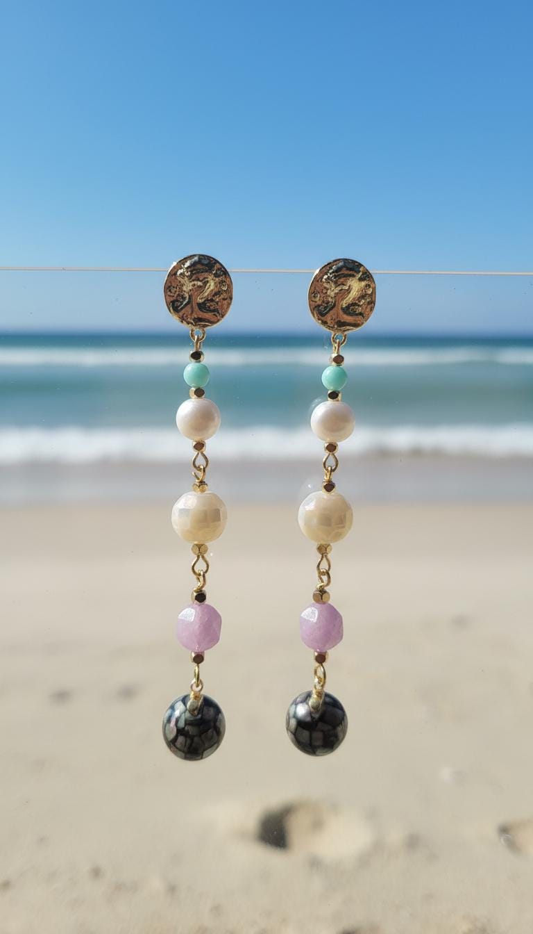Art Deco Freshwater baroque pearl multiple-colored shell ball queen stud dangle earrings. Long drop earrings. Boho candy earrings.