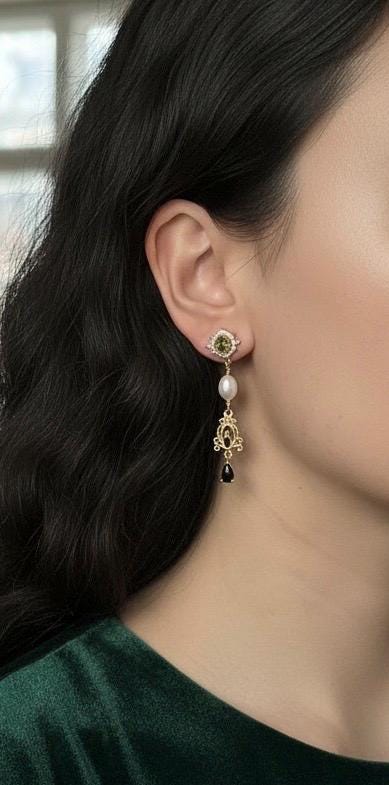 Vintage Pearl Drop clip on Earrings, Freshwater Pearl & Green Gemstone Gold Dangle clip on Earrings, Romantic Victorian Style Jewelry