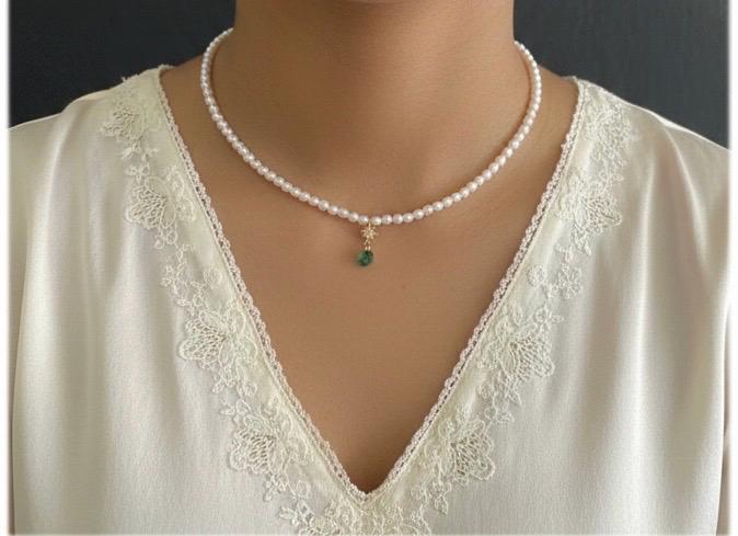 14k gold natural rice pearl star zircon emerald charming necklace. Minimalist necklace. Bridal necklace. Stacking necklace.