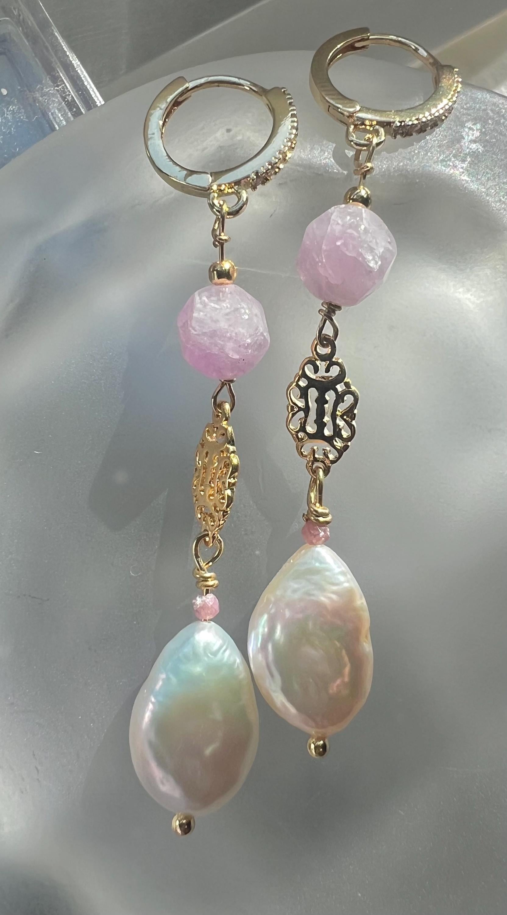 Baroque Pearl Earrings with Lavender Quartz, Gold Filigree Dangle Earrings, Victorian Style Huggie Hoops, Gift for Her