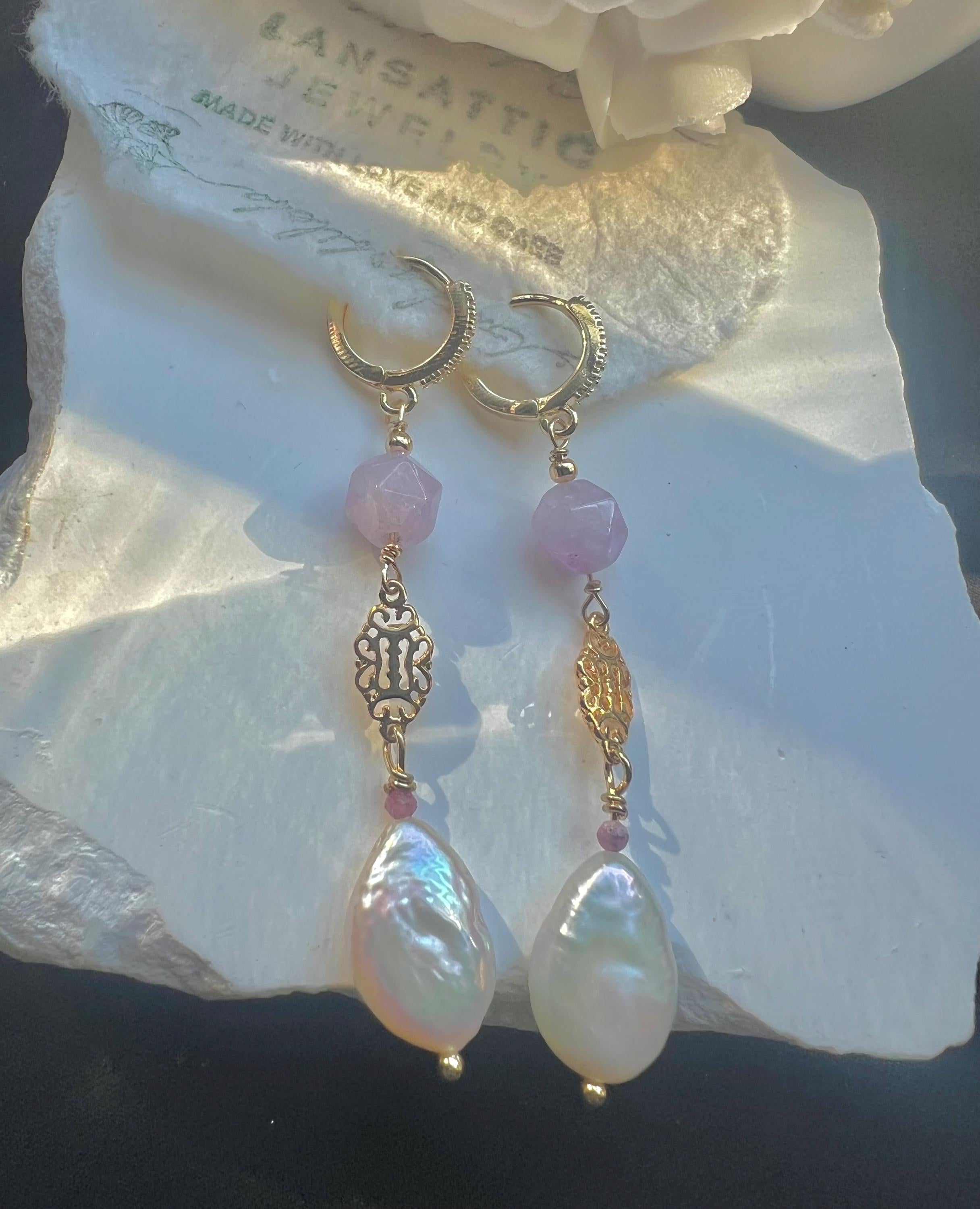 Baroque Pearl Earrings with Lavender Quartz, Gold Filigree Dangle Earrings, Victorian Style Huggie Hoops, Gift for Her