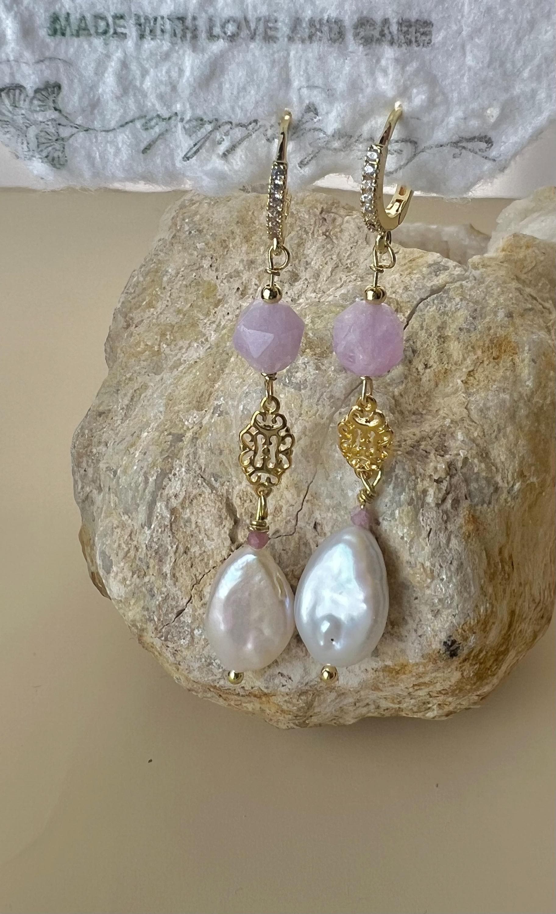 Baroque Pearl Earrings with Lavender Quartz, Gold Filigree Dangle Earrings, Victorian Style Huggie Hoops, Gift for Her