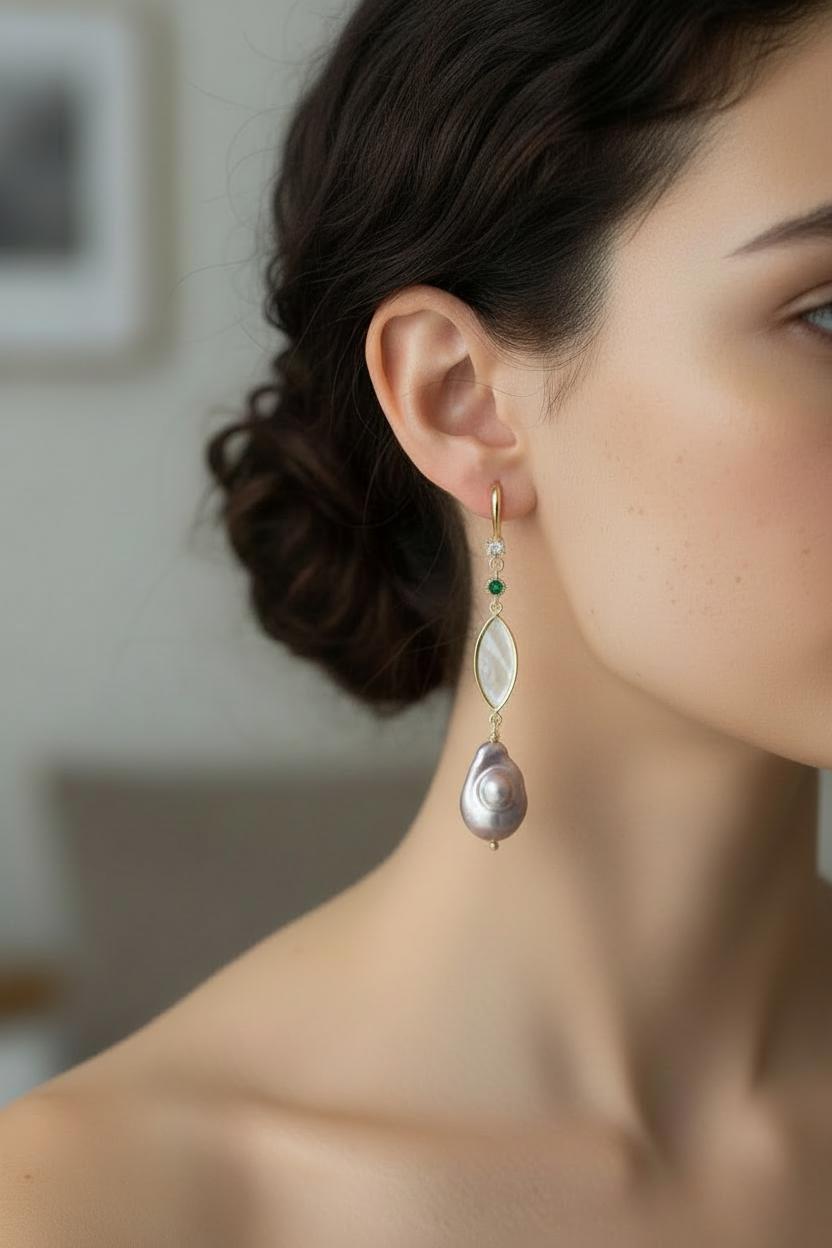 Baroque Pearl Drop Earrings with Lavender Quartz, Gold Filigree Dangle Earrings, Victorian Style Huggie Hoops, Unique Bridal Jewelry Gift