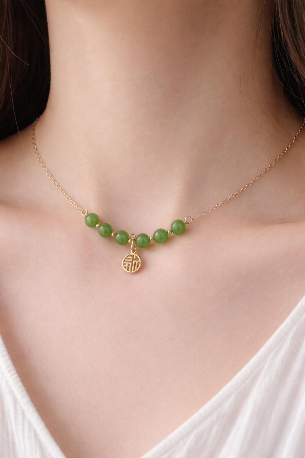 Dainty Green Jade Necklace • 6 Tiny Jade Beads on Gold Chain • Gold filled Minimalist Choker • Lucky Jade Jewelry Gift for Her