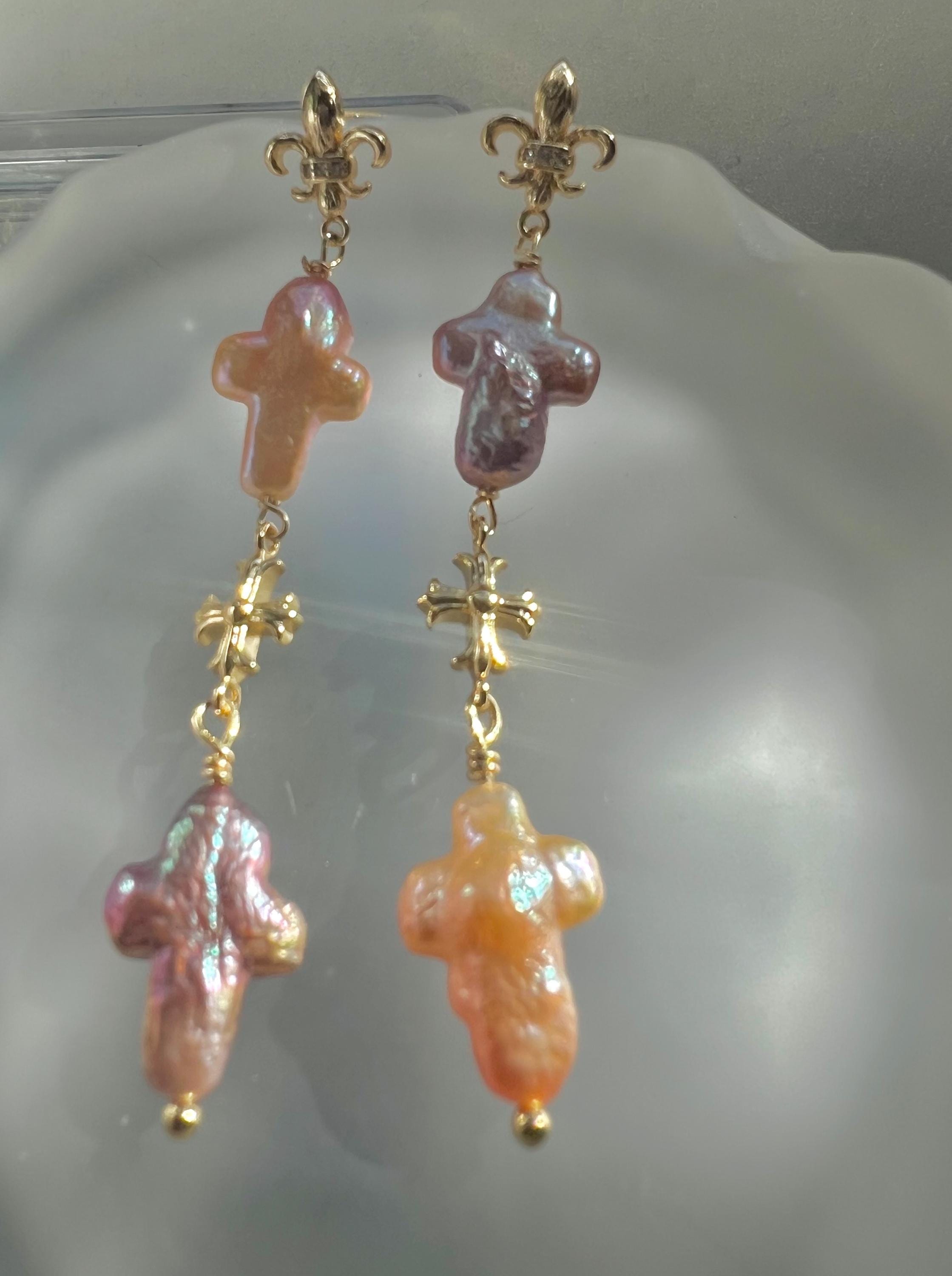 Baroque Pearl Cross Earrings, Fleur De Lis Dangle Earrings, Renaissance Style Gold Jewelry, Iridescent Multi-Color Freshwater Pearls.
