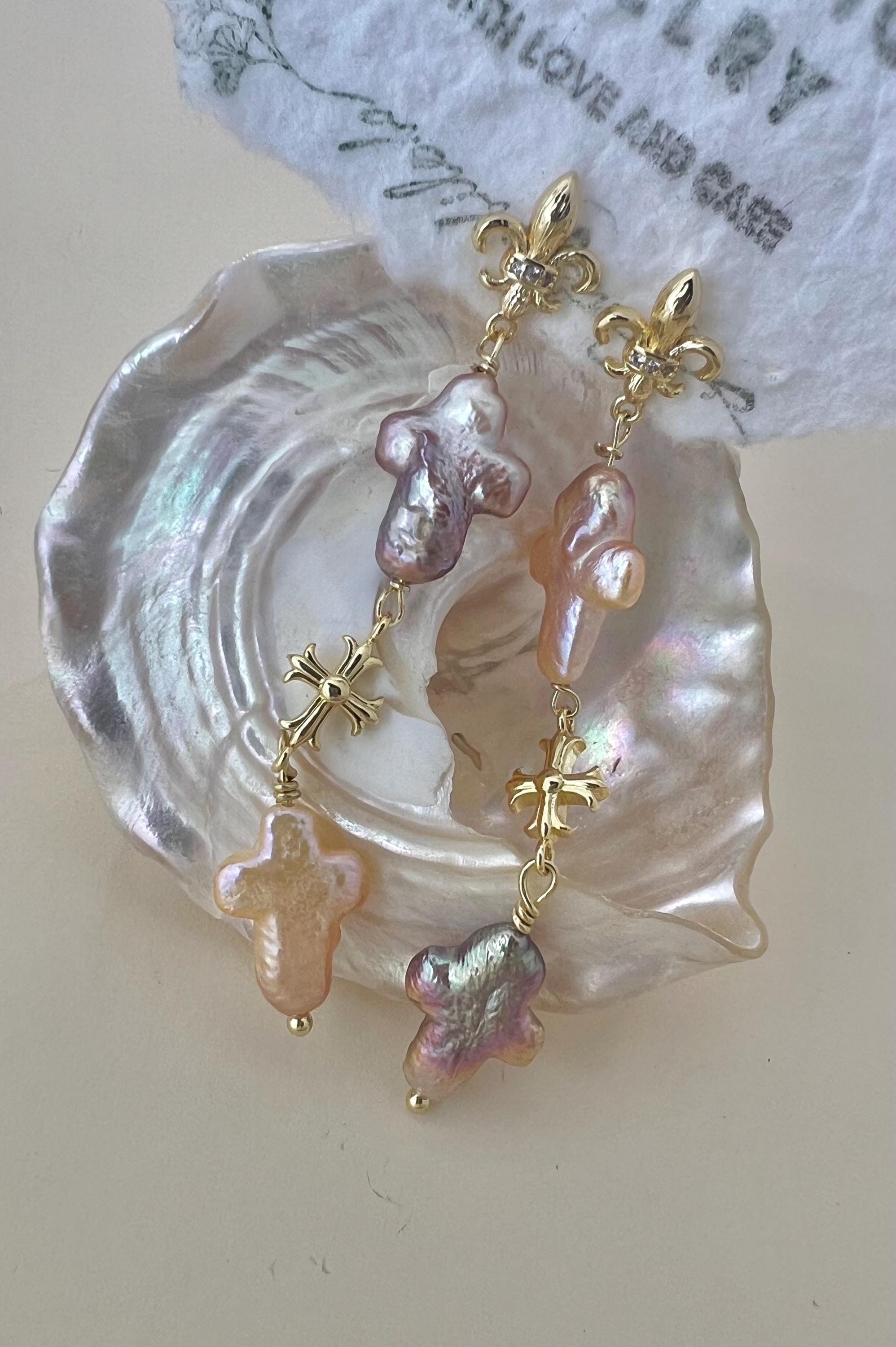 Baroque Pearl Cross Earrings, Fleur De Lis Dangle Earrings, Renaissance Style Gold Jewelry, Iridescent Multi-Color Freshwater Pearls.