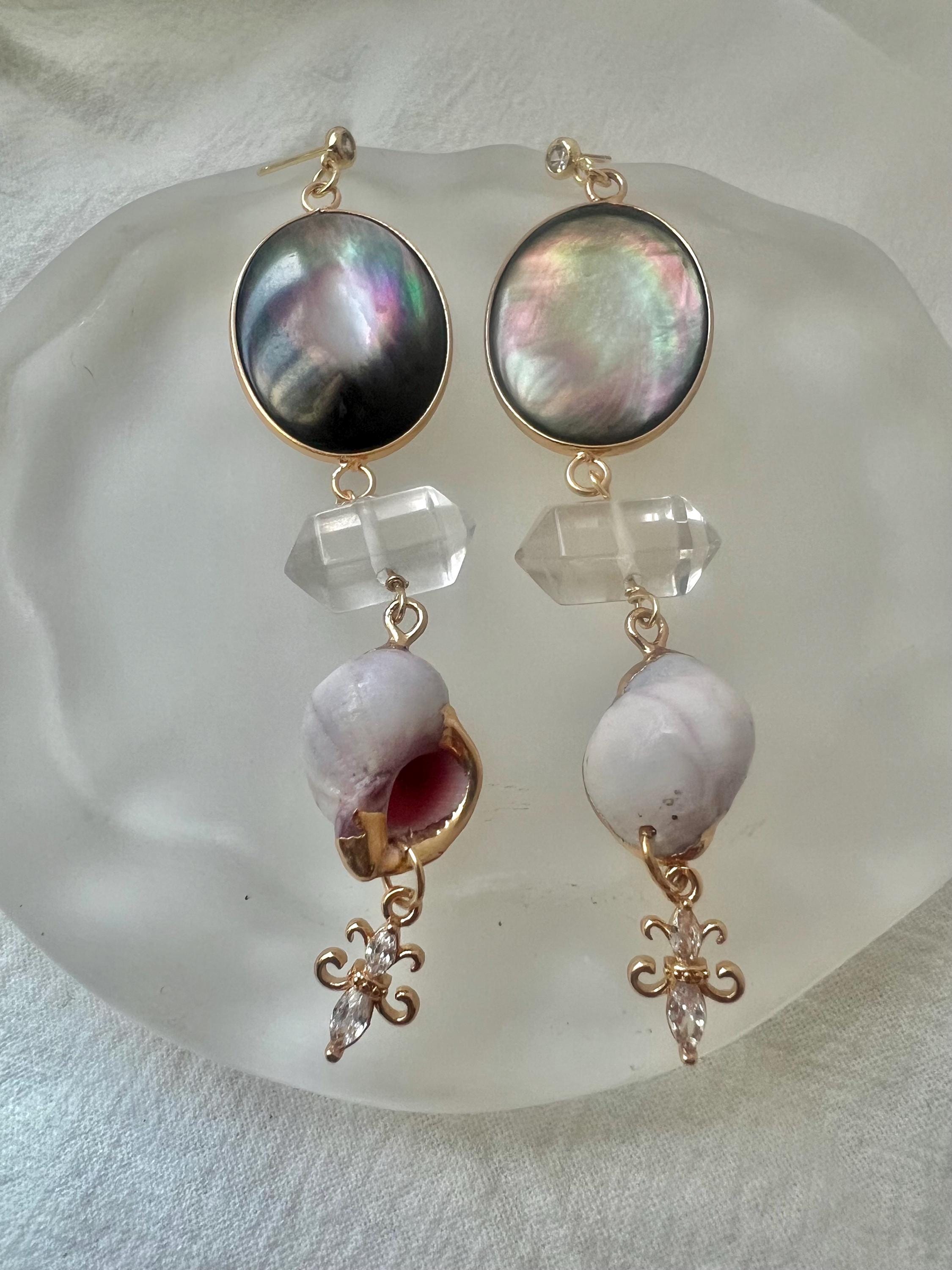 Black Lip Shell & Herkimer Diamond Earrings, Iridescent Mother of Pearl Drops, Raw Clear Quartz Crystal Dangles, Boho Beach Wedding Jewelry.