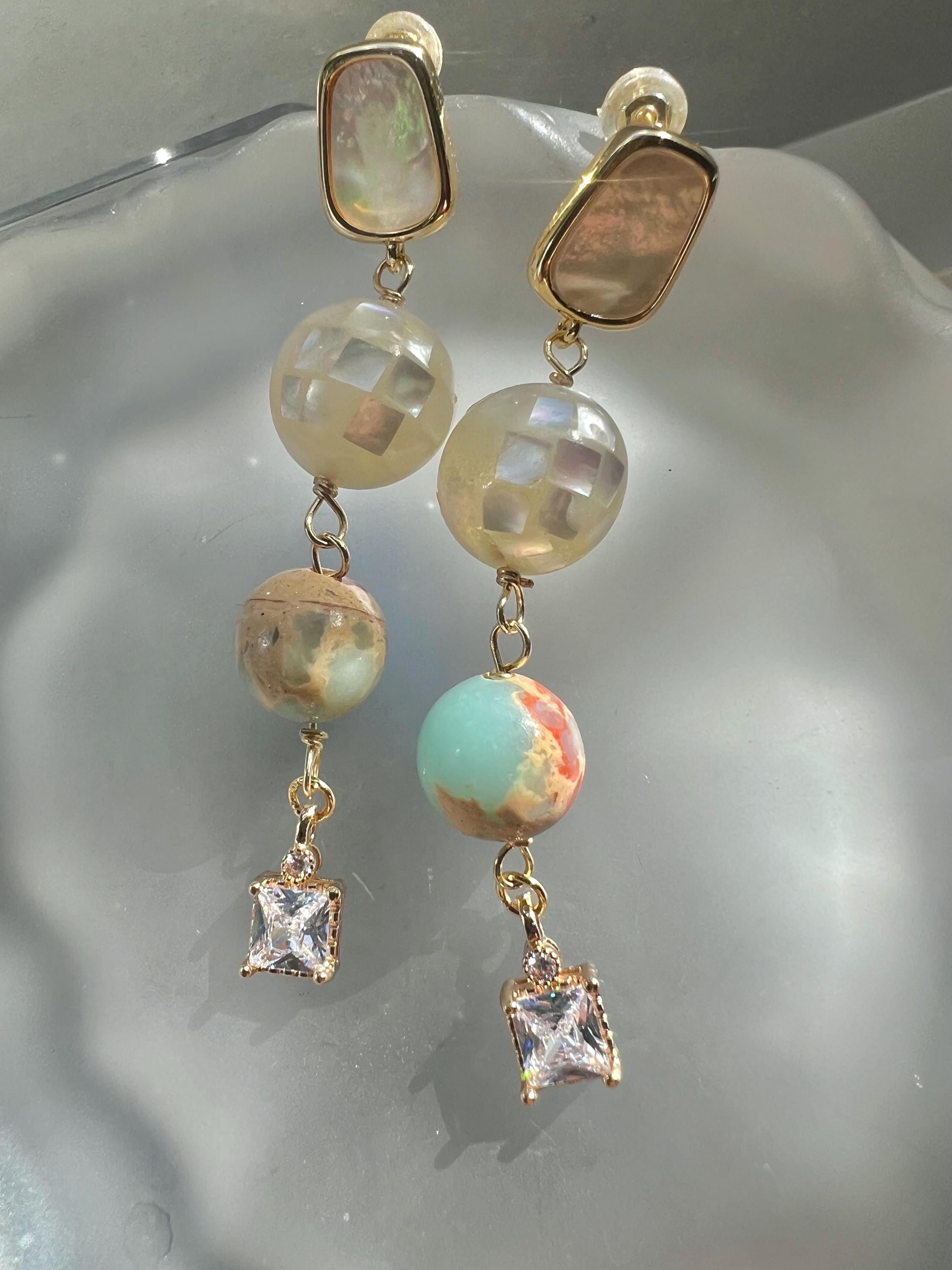 Amazonite and Mother of Pearl Drop Earrings, Geometric MOP Dangle, Natural Blue Stone Jewelry, White Shell Mosaic Earrings, Gold Plated Boho