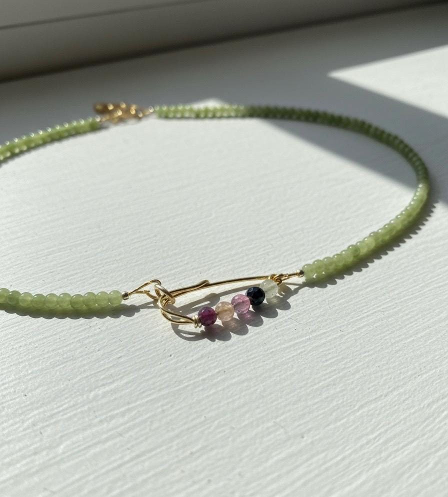 Green Jade Bead Necklace with Tourmaline Accent, Minimalist Jade Necklace, Handmade Gemstone Necklace, Delicate Jade Jewelry Gift