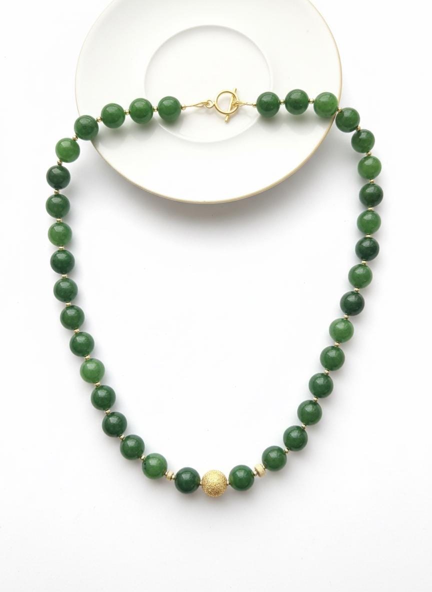 Green Jade Bead Necklace with Gold Accent, Minimalist Jade Necklace, Handmade Gemstone Necklace, Elegant Jade Jewelry Gift