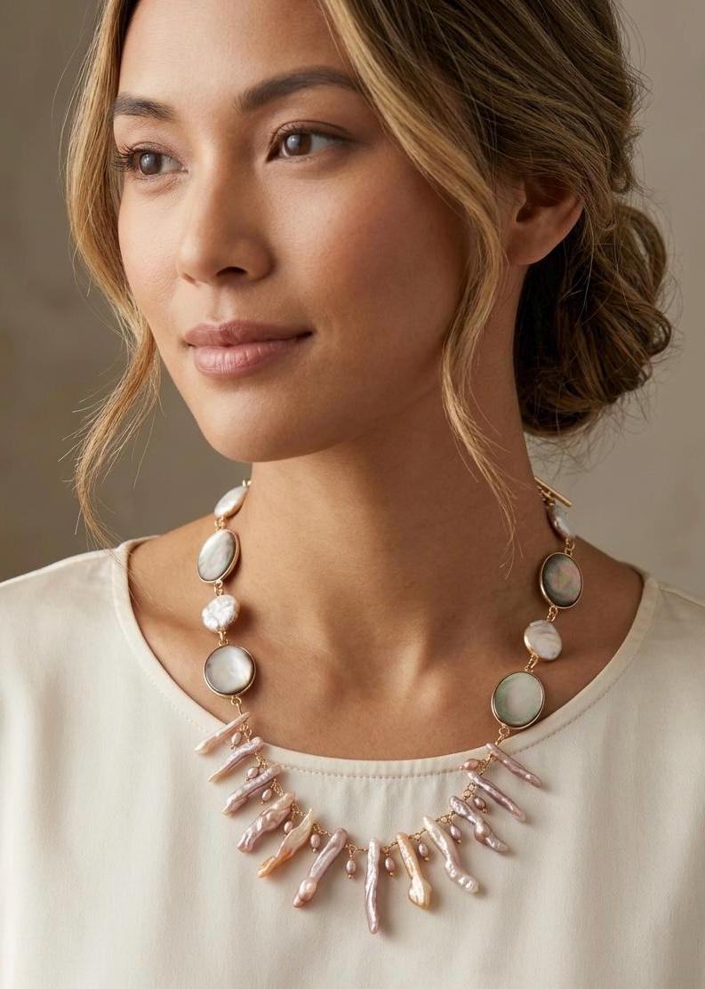 Baroque Pearl Statement Necklace, Ocean Inspired Jewelry, Pink Pearl Necklace, Mother of Pearl Necklace, Artisan Pearl Jewelry Gift for Her