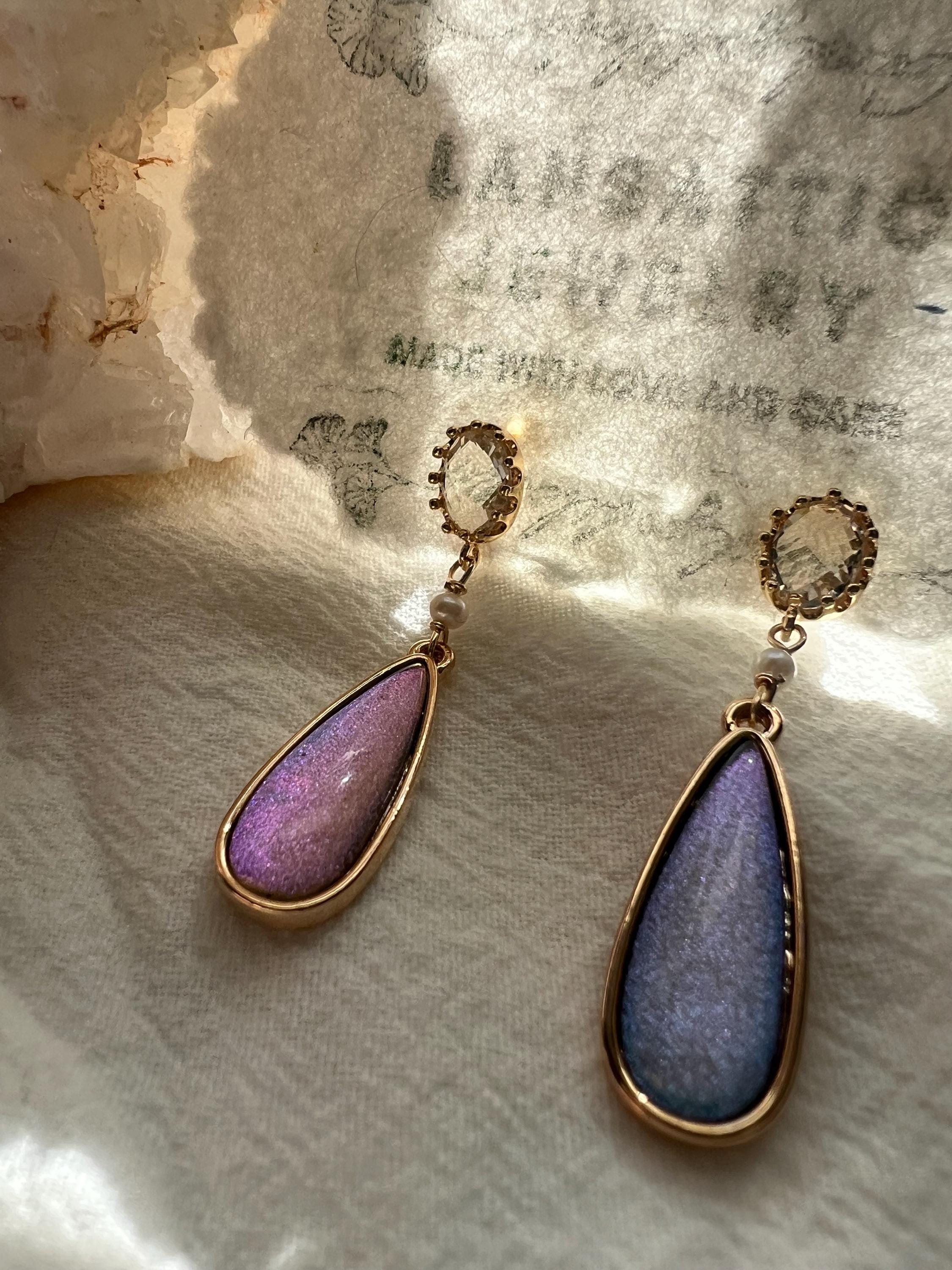 Blue purple Drop Earrings Gold | Teardrop Dangle Earrings | Elegant Statement Earrings | Pearl Accent Earrings | Gift for Her