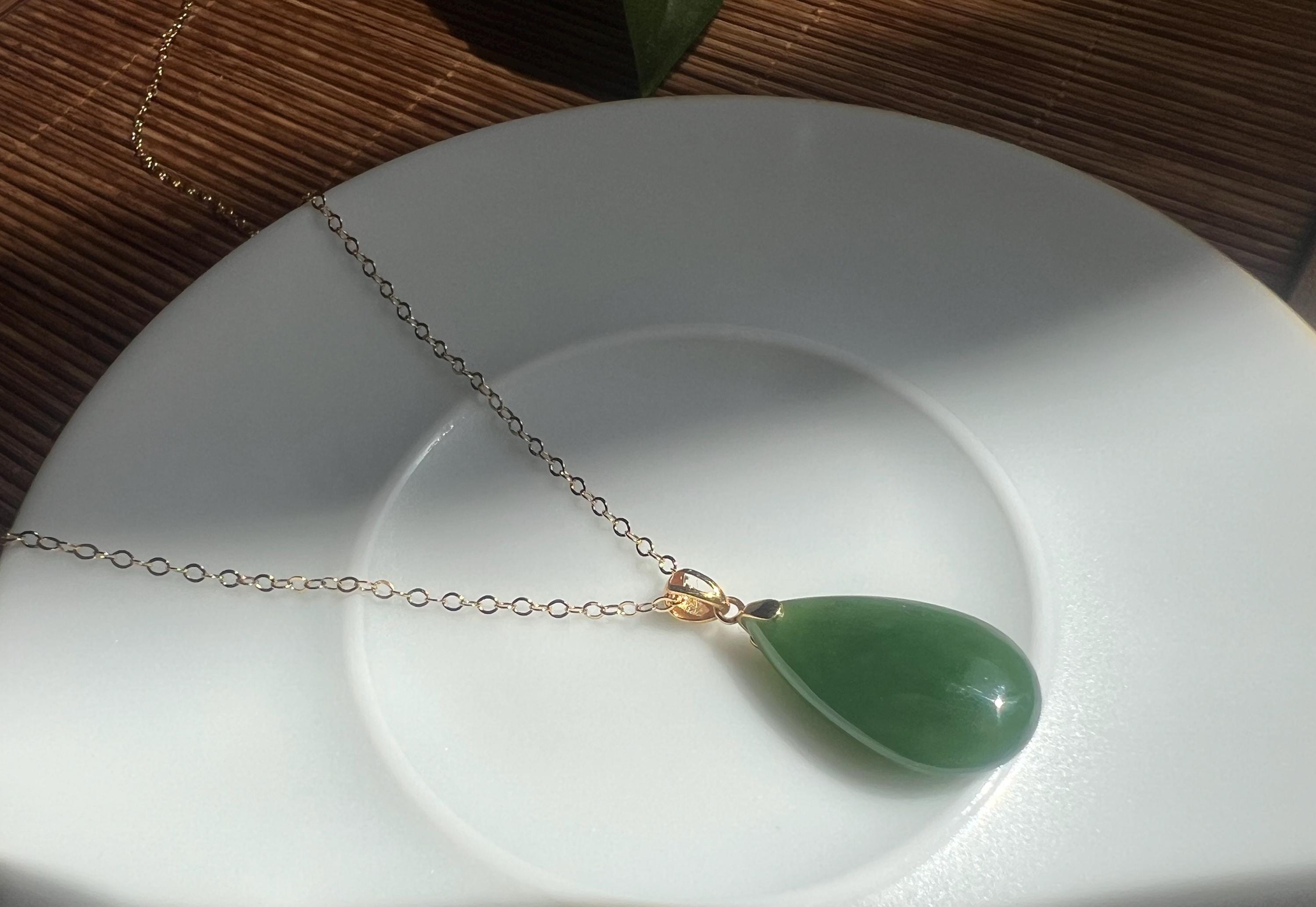 Green Jade Teardrop Necklace 18K solid Gold | Jade Pendant Necklace | Elegant Jade Jewelry | Natural Jade Necklace | Gift for Her