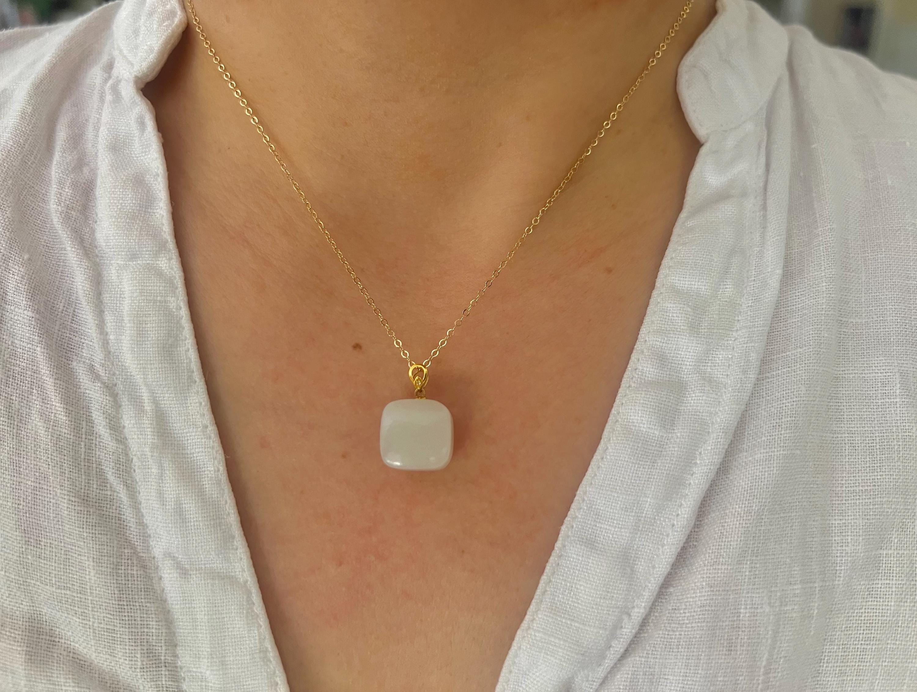 White Jade Pendant Necklace 18K solid Gold | Minimalist Jade Necklace | Square Jade Pendant | Elegant Fine Jewelry | Gift for Her