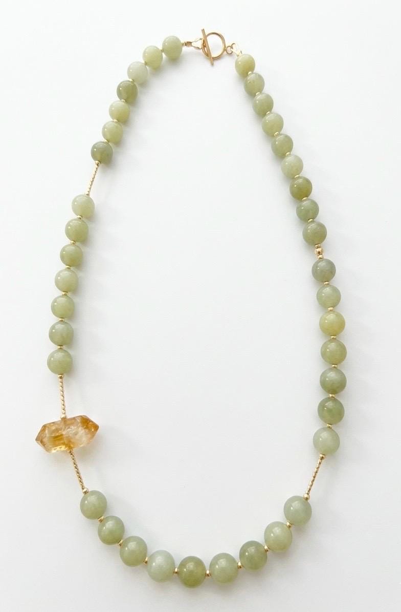 Green Jade Bead Necklace with Raw Citrine Pendant, Healing Crystal Necklace, Natural Jade Jewelry, Minimalist Crystal Necklace, Energy Jewel
