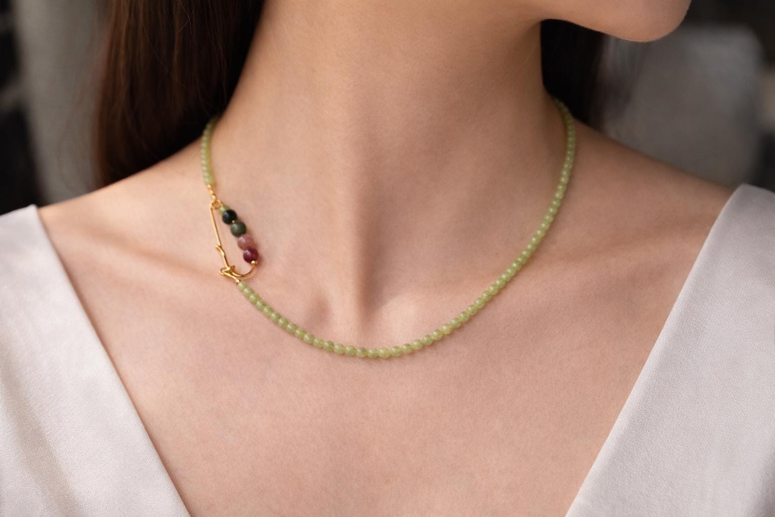 Green Jade Bead Necklace with Tourmaline Accent, Minimalist Jade Necklace, Handmade Gemstone Necklace, Delicate Jade Jewelry Gift
