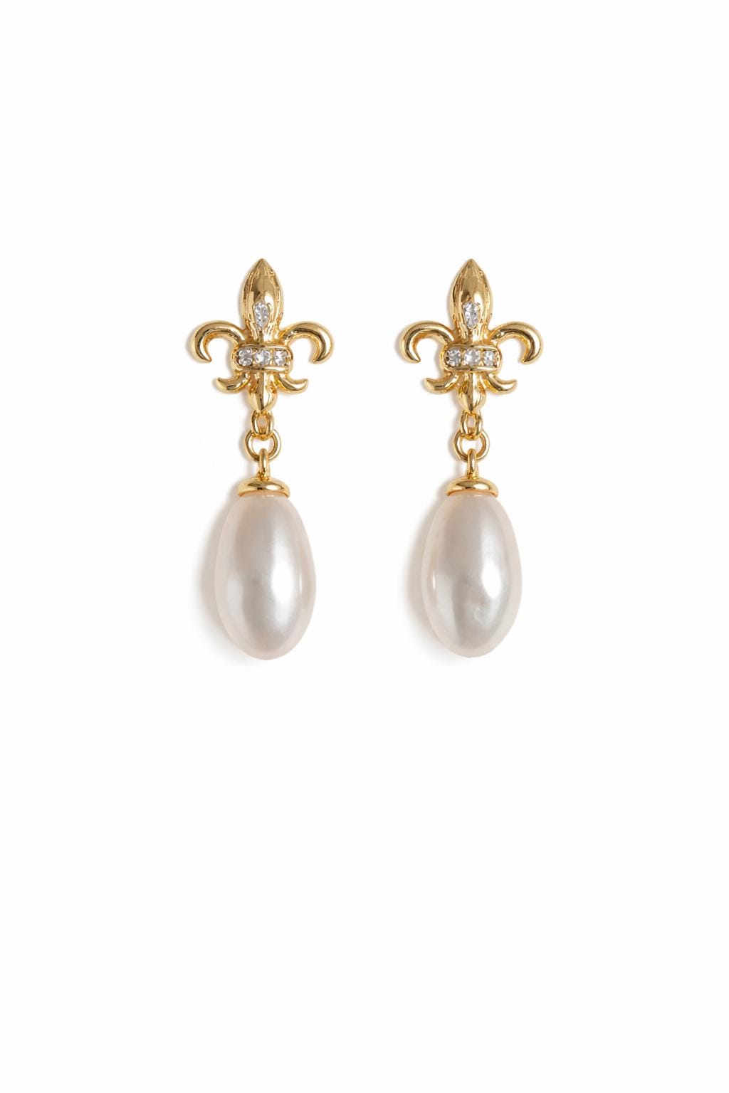 French Fleur de Lis Pearl Earrings, Gold Drop Earrings, Freshwater Pearl Dangle, Vintage Style Bridal Earrings, Elegant Pearl Jewelry Gift