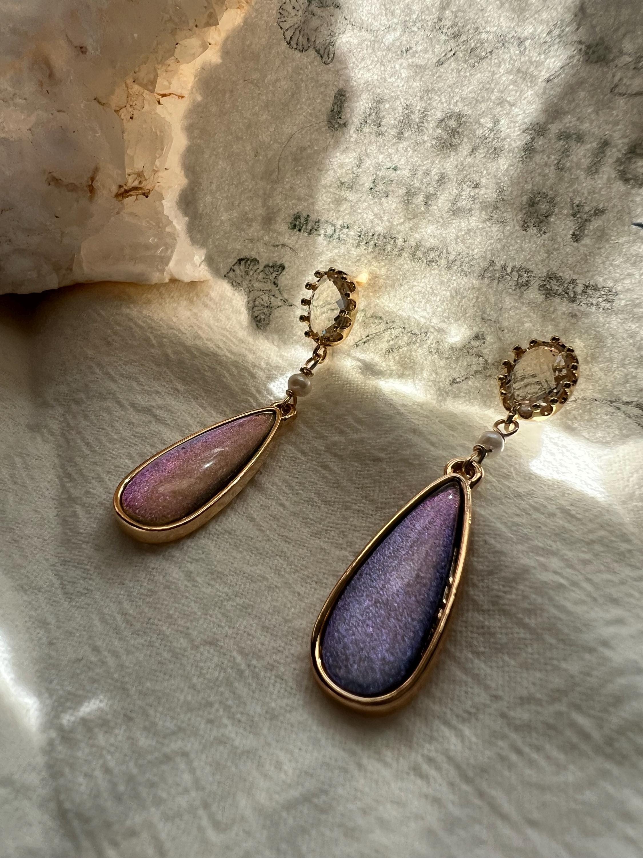 Blue purple Drop Earrings Gold | Teardrop Dangle Earrings | Elegant Statement Earrings | Pearl Accent Earrings | Gift for Her