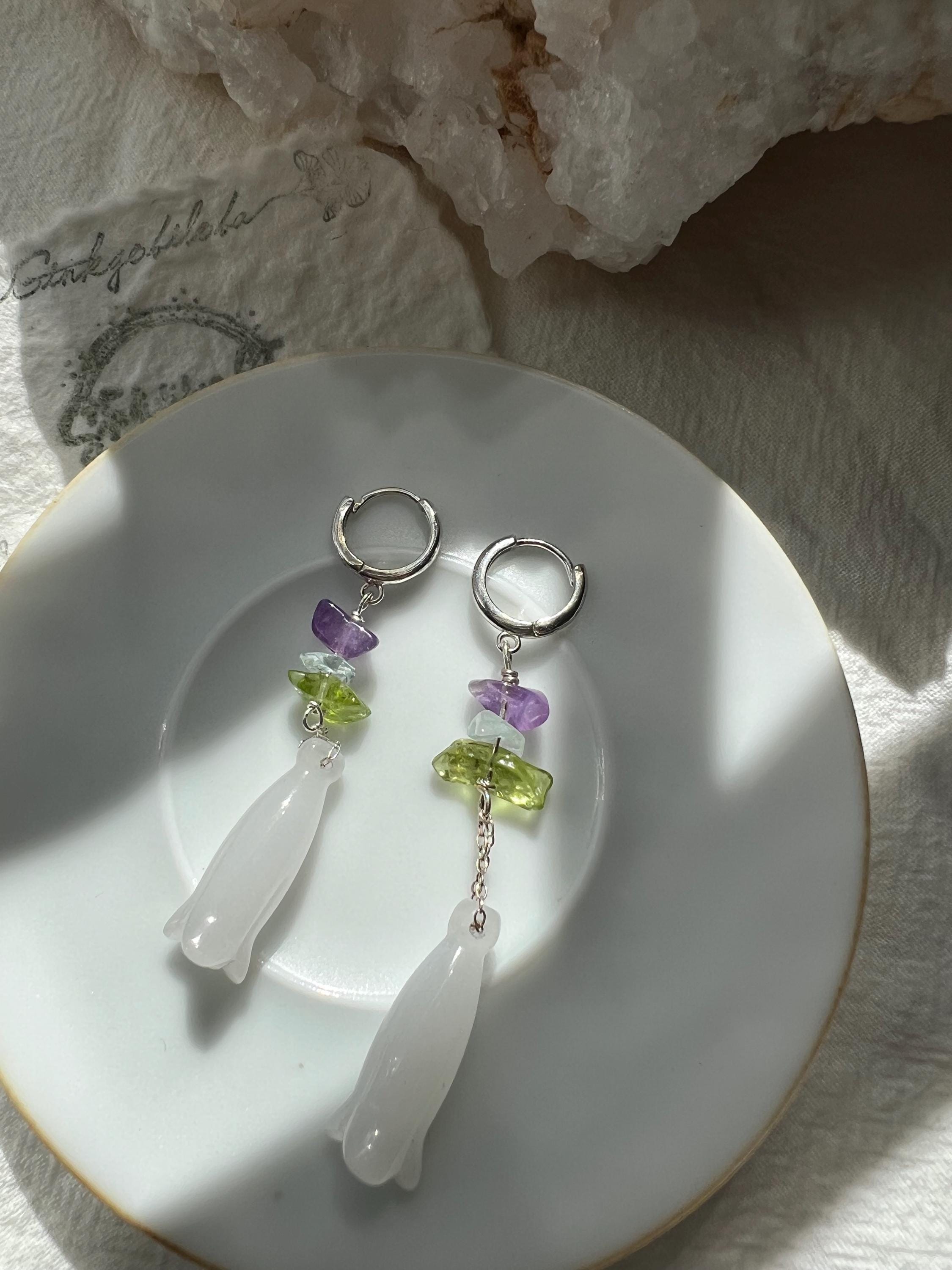 White Jade Flower Earrings, 925 Sterling Silver, Amethyst Prehnite Aquamarine, Dangle Gemstone Earrings, Handmade Pastel Jewelry, Gift