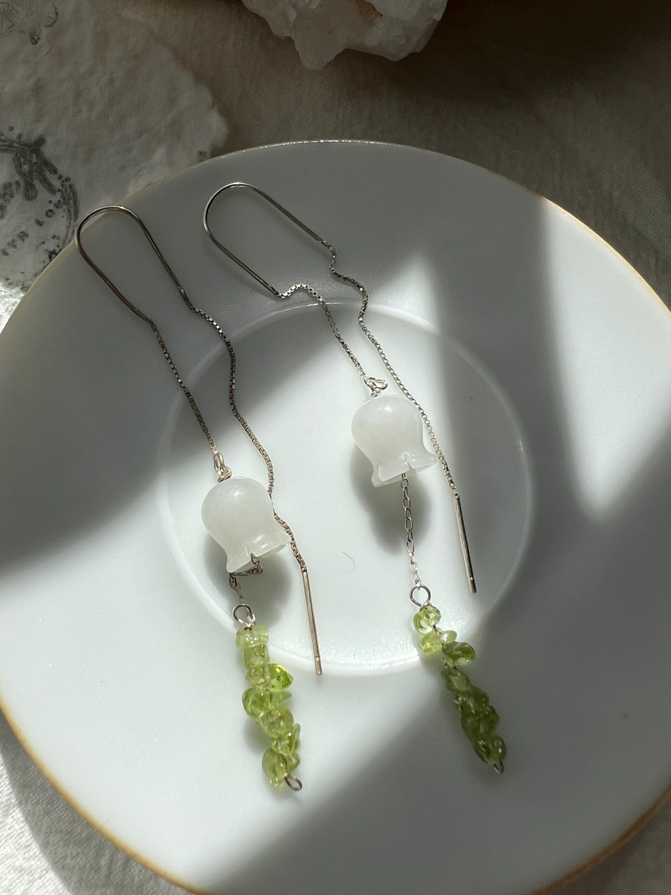 Lily of the Valley Jade Earrings, Natural Olivine Peridot Chip Threaders, Delicate Flower Dangle Earrings, Green and White Botanical Jewelry