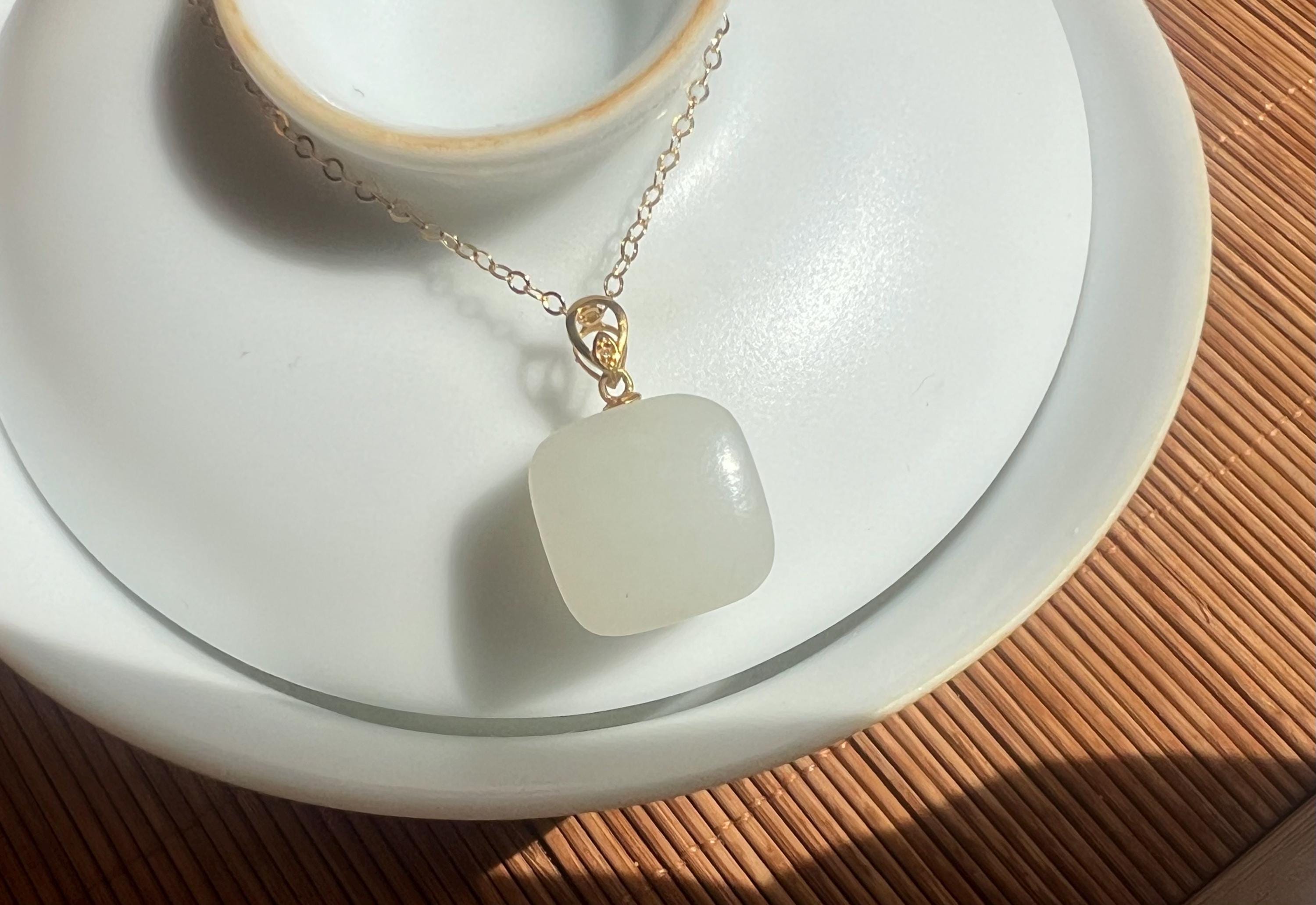 White Jade Pendant Necklace 18K solid Gold | Minimalist Jade Necklace | Square Jade Pendant | Elegant Fine Jewelry | Gift for Her