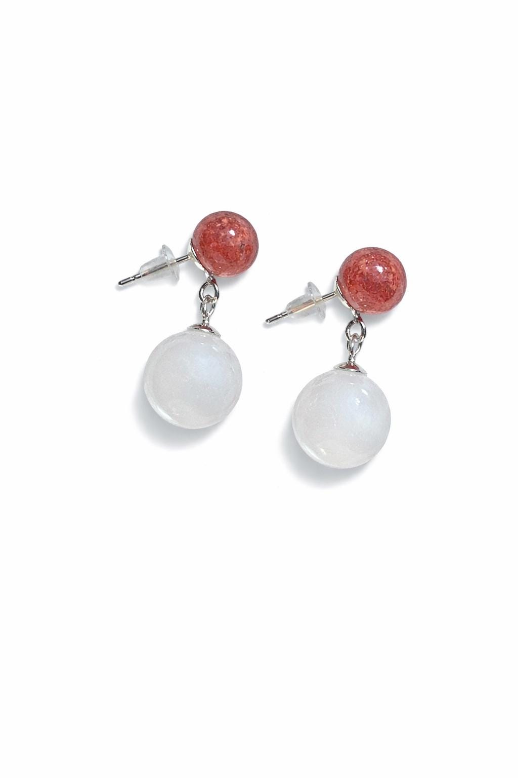 Strawberry quartz Aquamarine jade Drop Earrings, Double Ball Post, minimalist Light Blue Jade Dangle, March Birthstone gift