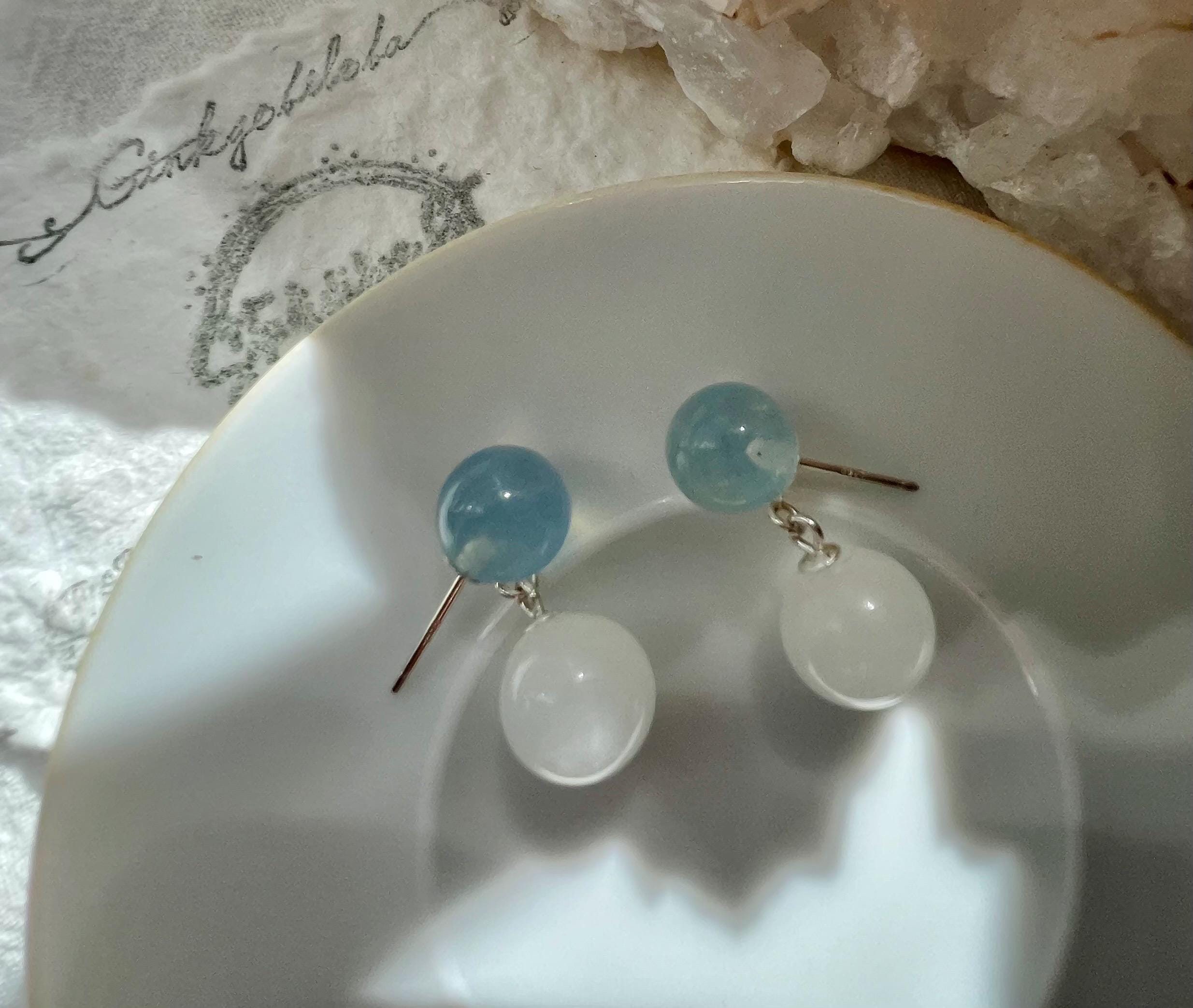 Strawberry quartz Aquamarine jade Drop Earrings, Double Ball Post, minimalist Light Blue Jade Dangle, March Birthstone gift