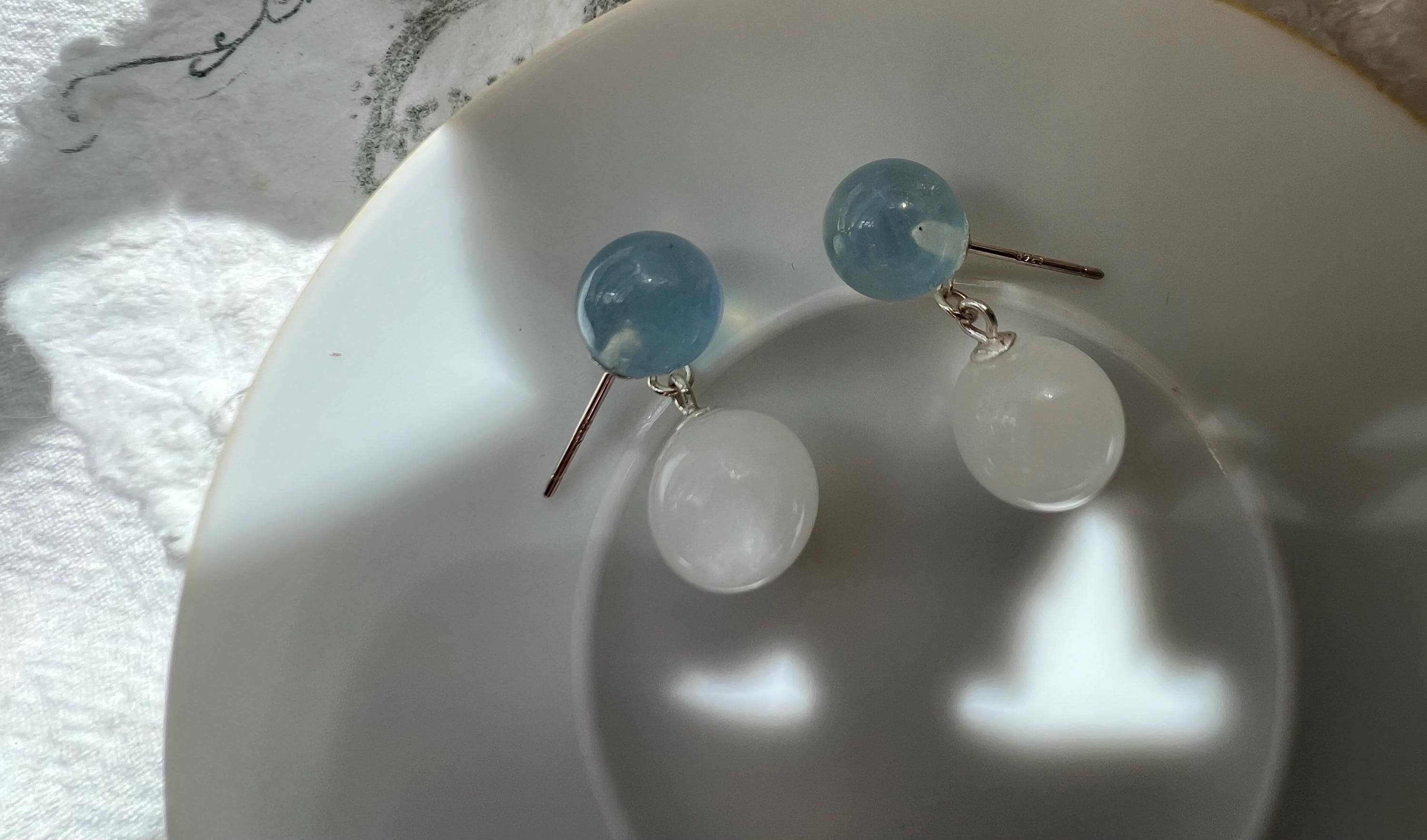 Strawberry quartz Aquamarine jade Drop Earrings, Double Ball Post, minimalist Light Blue Jade Dangle, March Birthstone gift