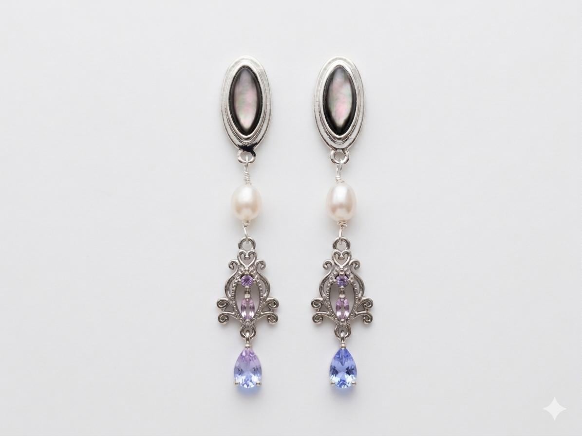 Black Mother of Pearl Pearl Amethyst Earrings, 925 Sterling Silver Dangle pearl earrings, Vintage Style Drop Earrings, Elegant Handmade